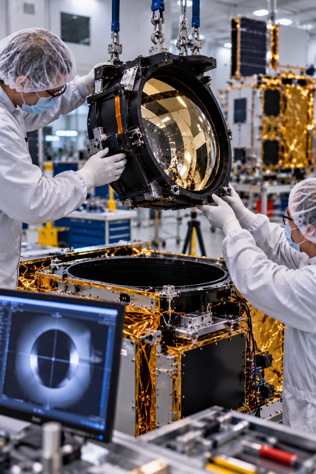 Aerospace engineers installing a precision optical telescope mirror assembly into an Earth observation satellite inside a cleanroom, highlighting satellite manufacturing, optical engineering and high-resolution space imaging technology.