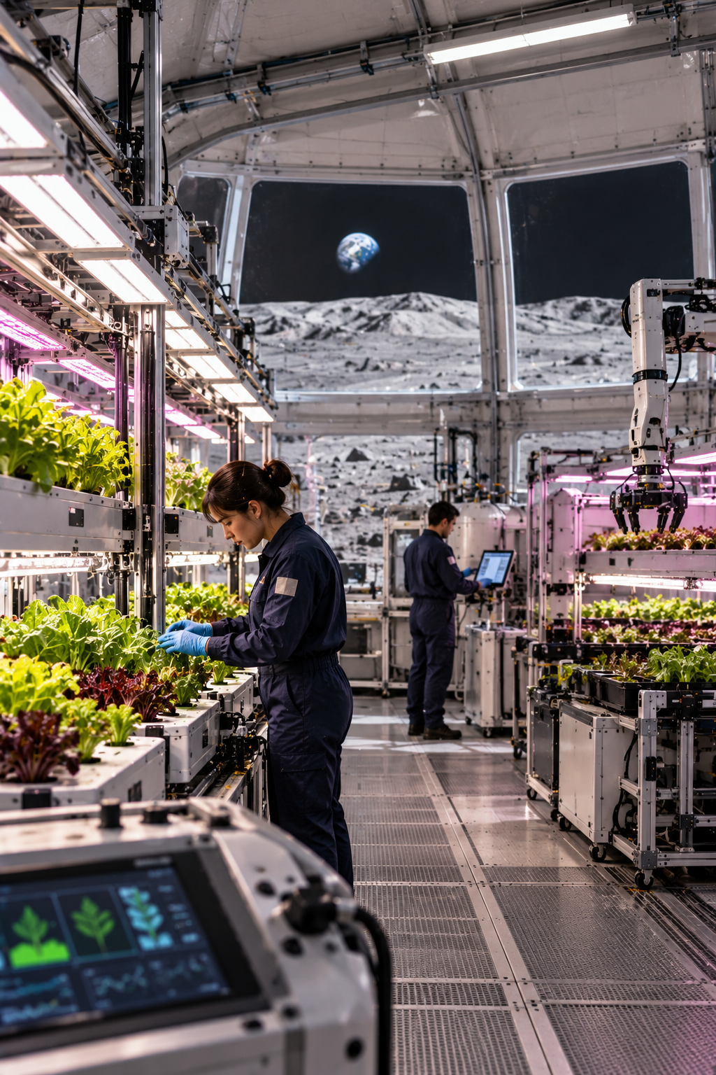 Concept illustration of a New Zealand lunar greenhouse featuring hydroponic crops, automated farming systems, water recycling equipment and solar panels supporting sustainable agriculture on the Moon.
