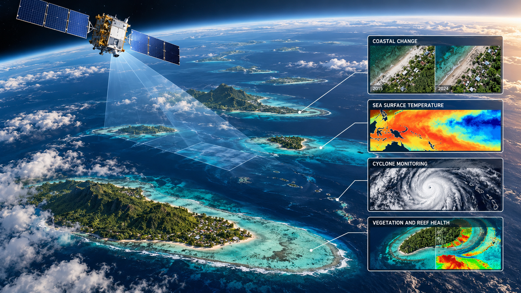 Earth observation satellite monitoring Pacific Islands using advanced satellite imagery to track coastal erosion, sea surface temperatures, tropical cyclones and vegetation health.
