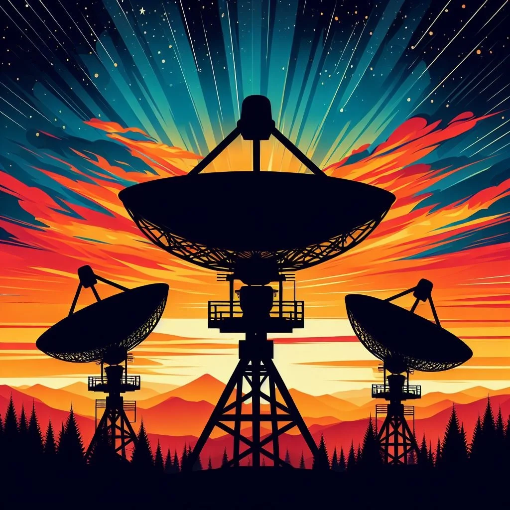Silhouettes of three large satellite dishes against a colorful sunset sky with mountains and trees in the background.
