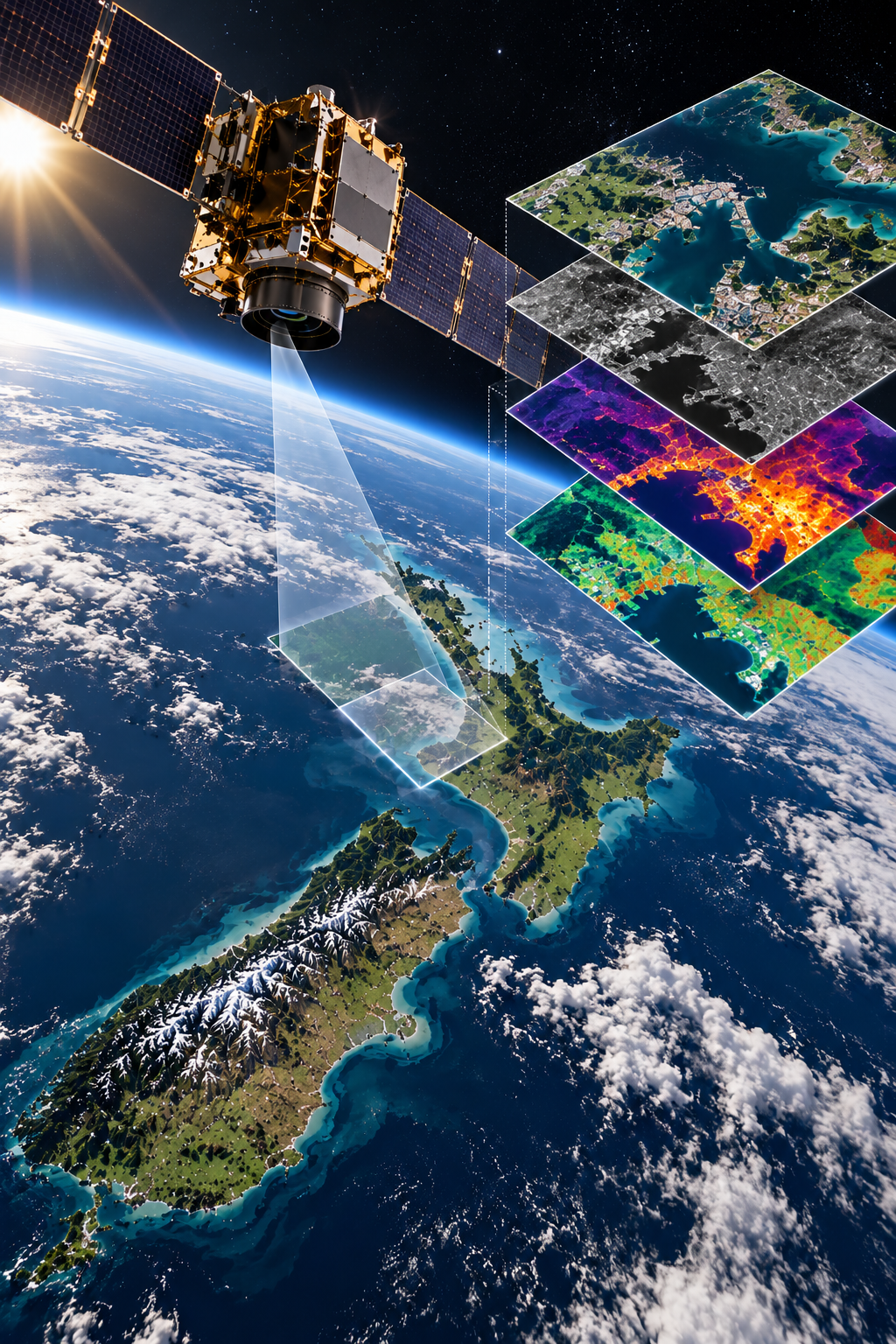 Earth observation satellite orbiting above New Zealand, illustrating optical, infrared and multispectral satellite imagery used for environmental monitoring, land mapping and geospatial analysis.