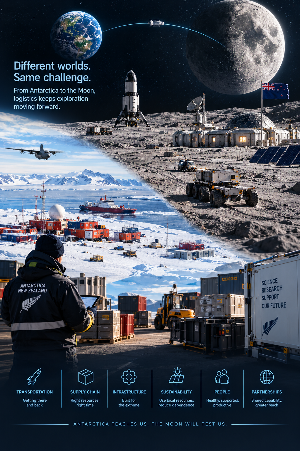 New Zealand astronaut handling cargo containers at a future Moon base, with autonomous lunar rovers, solar panels and research habitats supporting sustainable lunar logistics and resupply operations.