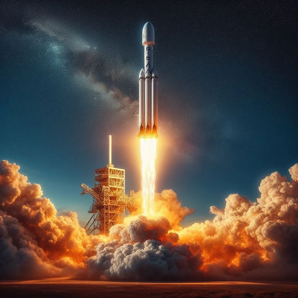 A rocket launching into space with flames and smoke beneath it, against a starry night sky and the Milky Way visible.