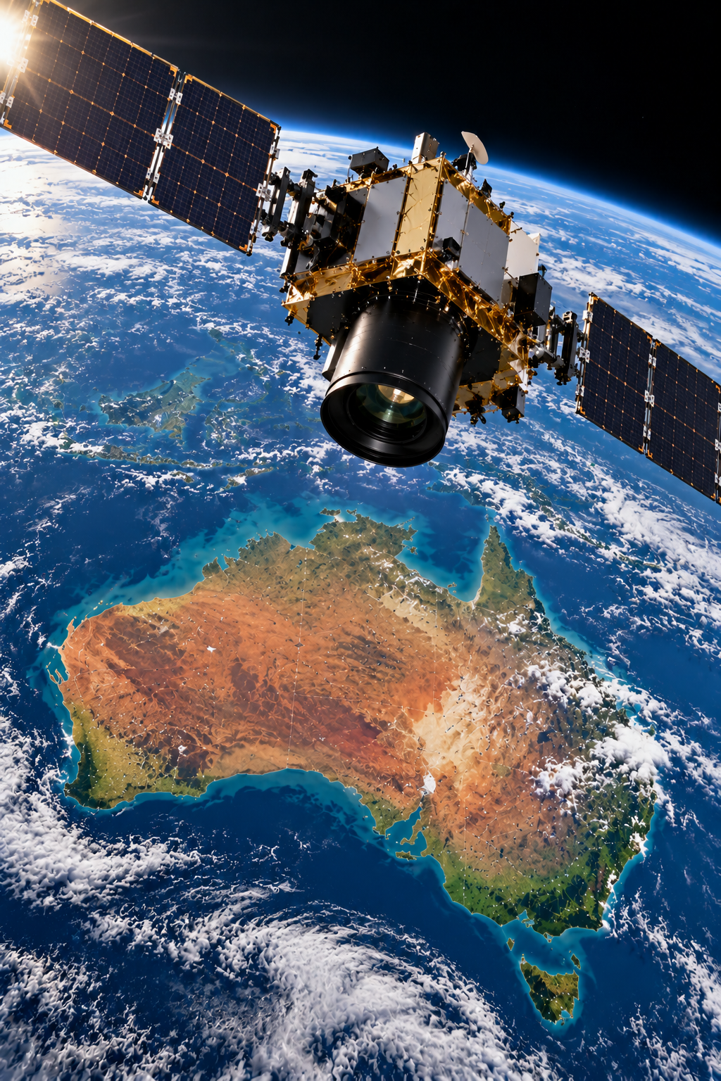 Earth observation satellite orbiting above Australia, featuring optical imaging sensors and solar panels used to capture high-resolution satellite imagery for environmental monitoring, disaster response and land management.