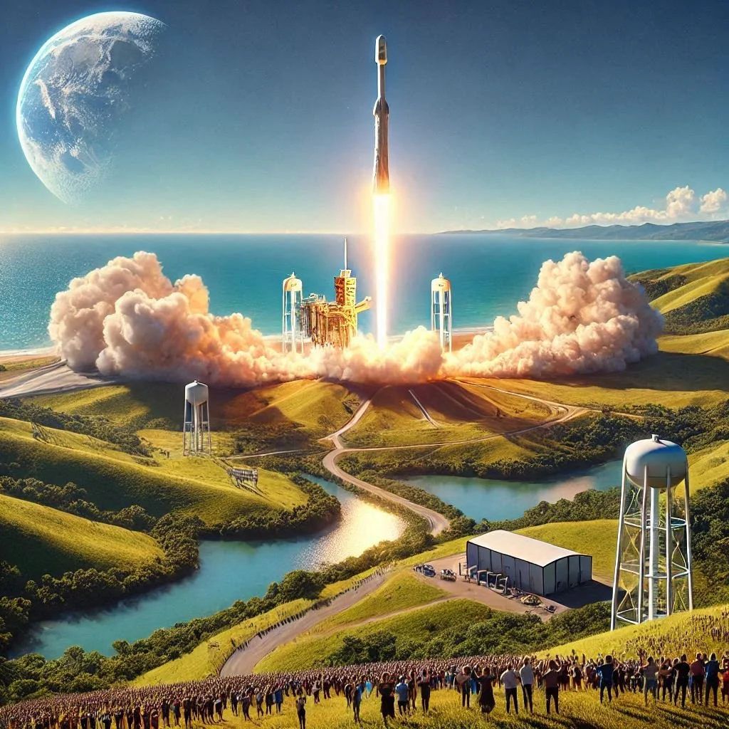 A rocket launching into space from a grassy landscape with a crowd watching, water towers nearby, and a large moon visible in the sky.