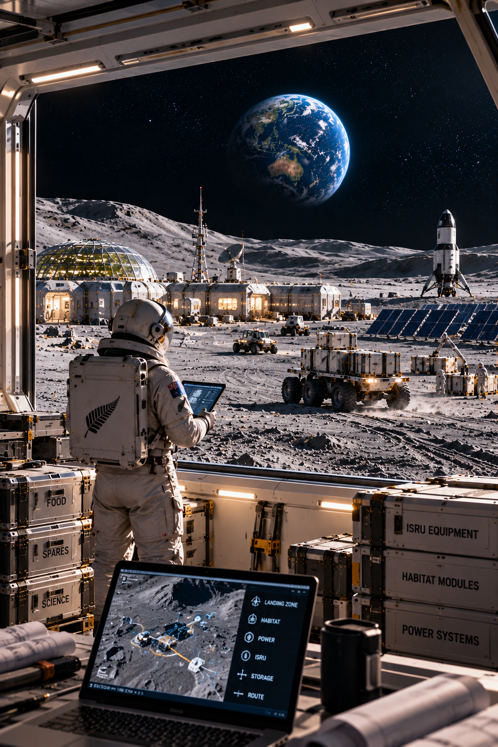 Astronaut overseeing lunar base logistics from a control facility, monitoring cargo transportation, supply inventories and autonomous rovers supporting Moon exploration and settlement infrastructure.