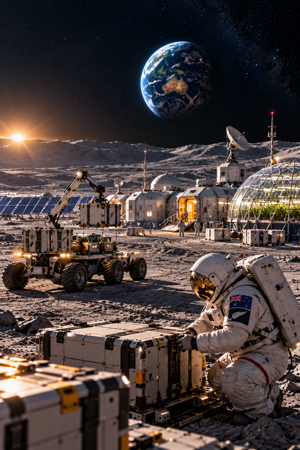 Astronaut overseeing lunar base logistics from a control facility, monitoring cargo transportation, supply inventories and autonomous rovers supporting Moon exploration and settlement infrastructure.