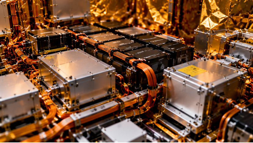 Close-up of satellite internal electrical systems, showing battery modules, power distribution units, electronic components and copper wiring used to manage and distribute electrical power throughout a spacecraft.