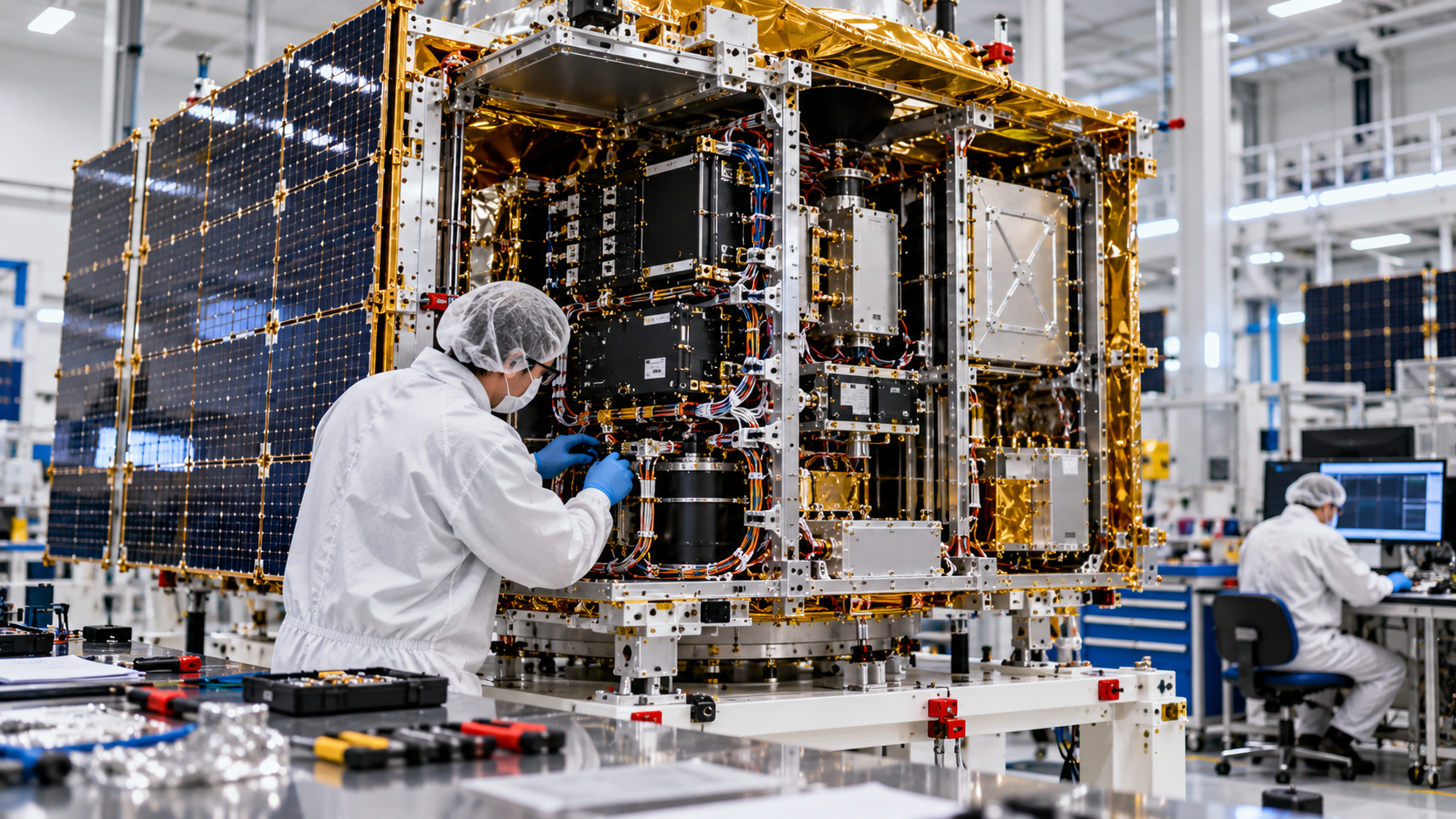 Aerospace engineer assembling a satellite in a cleanroom laboratory, working on exposed avionics, electrical wiring and power management systems, with solar panels and spacecraft components visible.