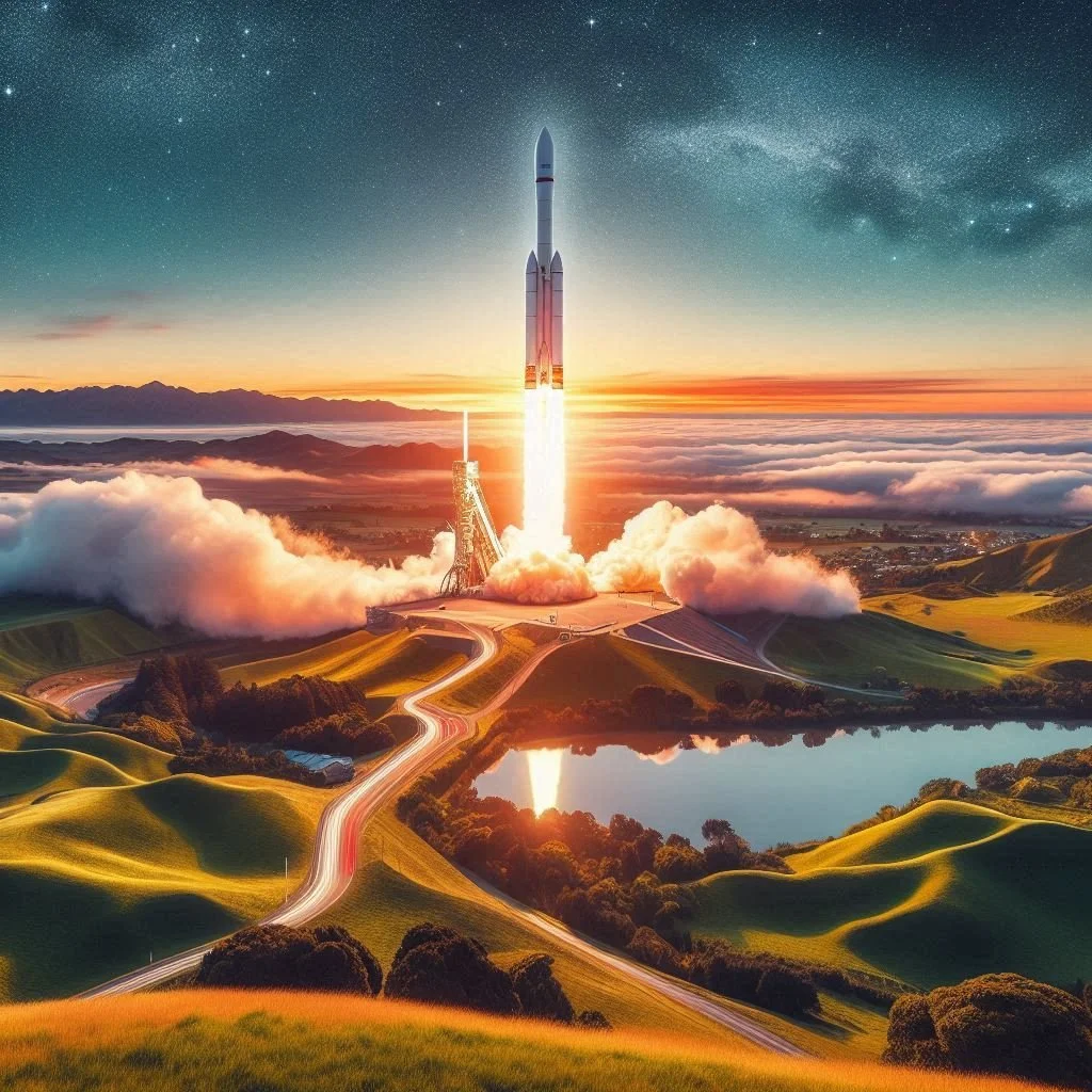 A space rocket launching into the sky from a launch pad in a scenic, lush green landscape with hills, a lake, and a starry night sky with the Milky Way in the background.