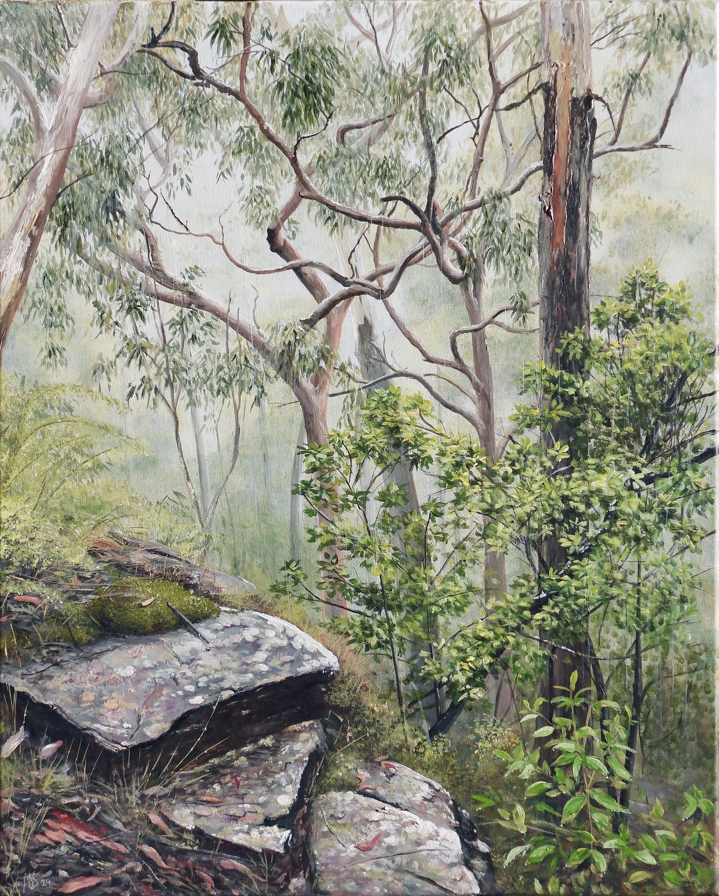The Stillness of the Bush in the Rain.
Amaria Stark.
Acrylic on canvas, 2024.
61cm x 75.2cm