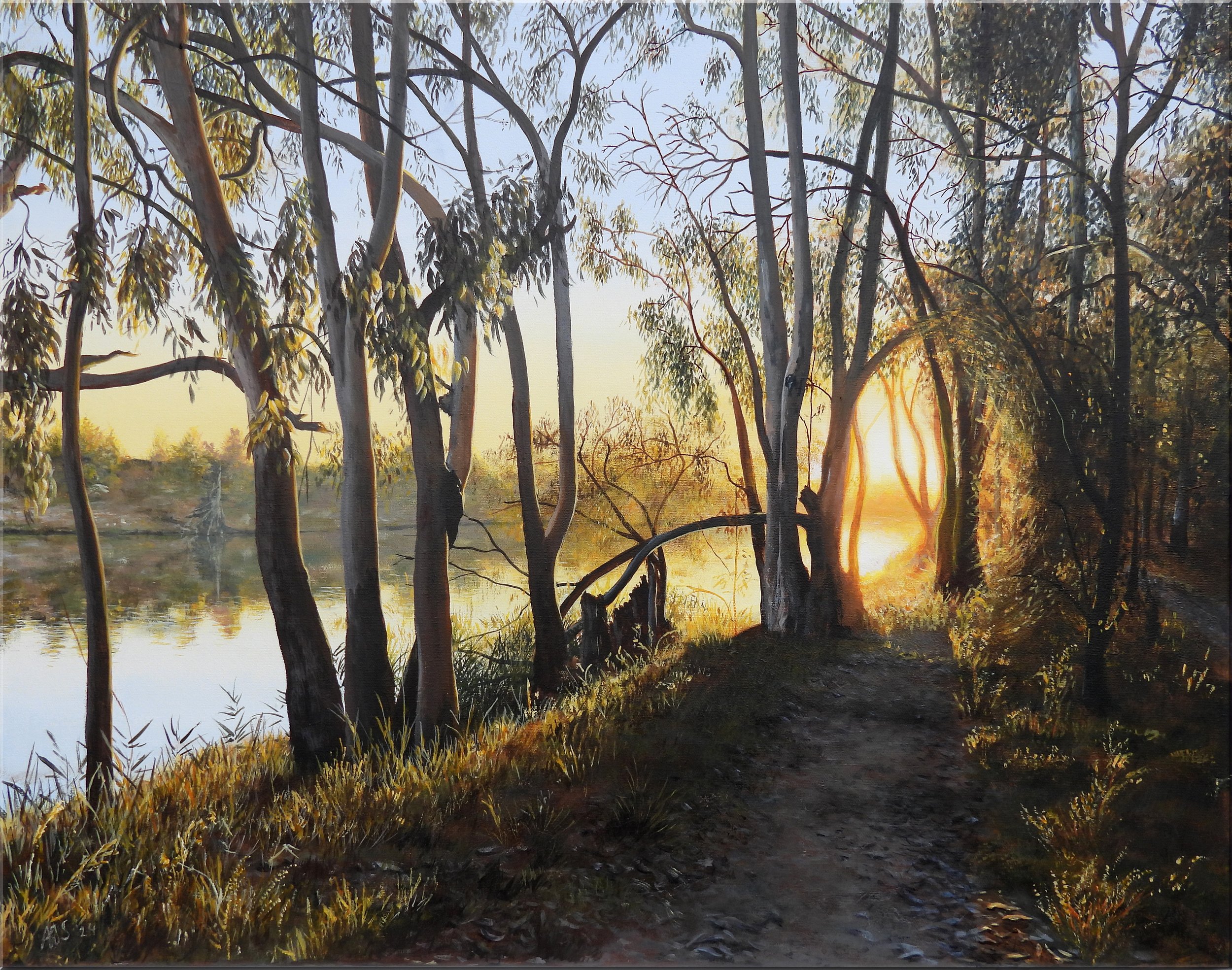 Reflections at Daybreak,
Amaria Stark.
Acrylic on canvas, 2024.
70cm x 61cm