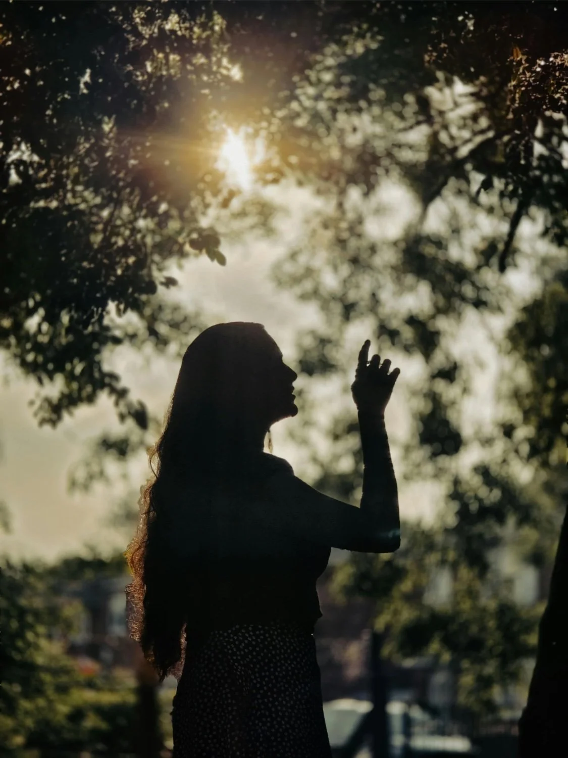 Silhouette of a woman with long hair, standing outdoors among trees with sunlight in the background.