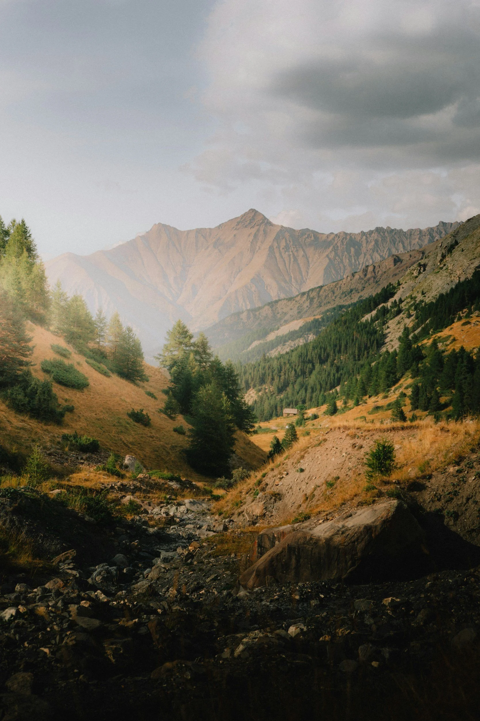 Mountain landscape with forested slopes, rocky terrain, and a cloudy sky.