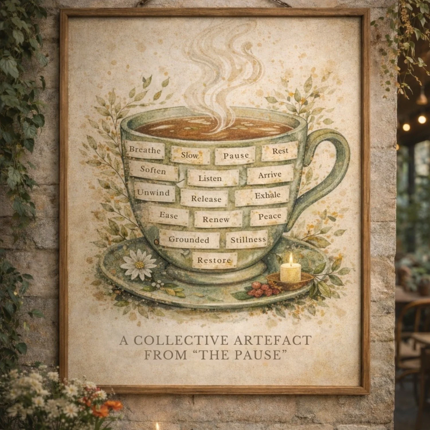 A wall art featuring a large steaming cup of tea with words inside each layer, including 'Breathe,' 'Slow,' 'Pause,' 'Rest,' and others, promoting relaxation and mindfulness. The artwork is called 'A Collective Artefact from The Pause' with flowers, candles, and greenery accents.