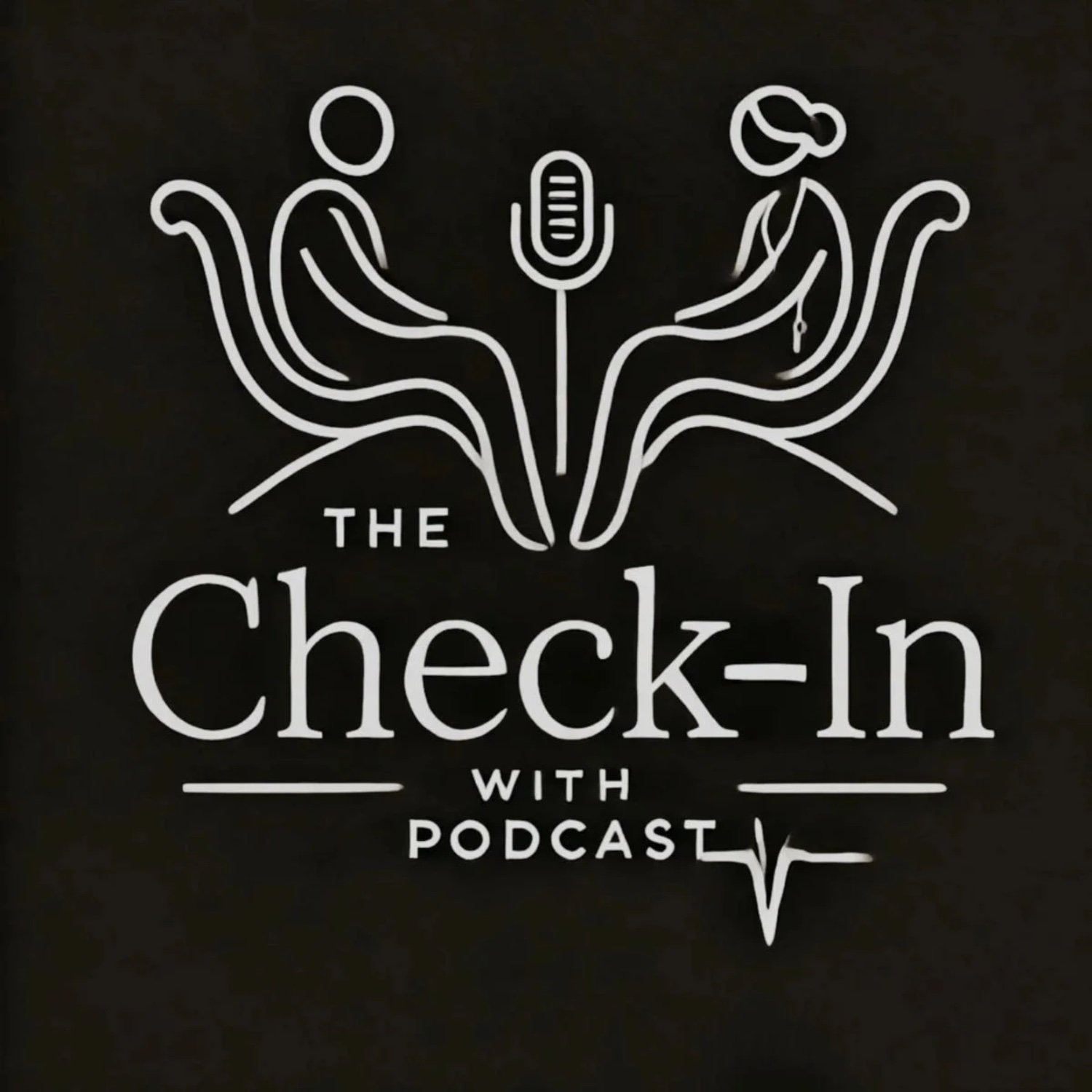 Logo for 'The Check-In with Podcast' featuring two stylized human figures sitting on chairs, separated by a microphone, with a heartbeat line at the bottom.