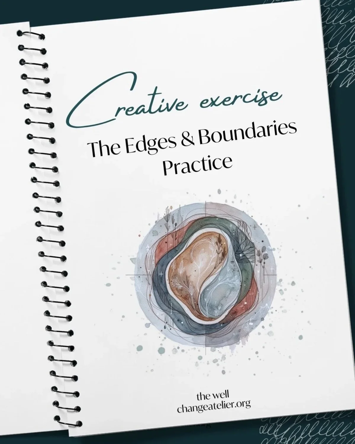 Cover of a practice workbook titled "Creative exercise: The Edges & Boundaries Practice" with abstract art of layered, colorful, organic shapes and the website changeatlier.org at the bottom.