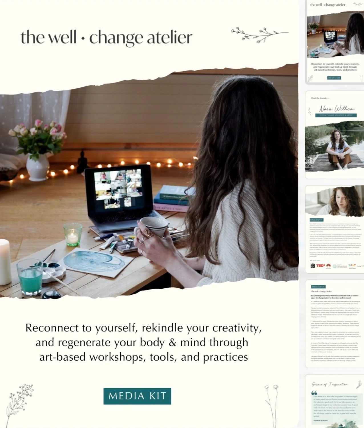 A woman with long, curly hair is sitting at a wooden table in a cozy room, working on art projects with a computer and art supplies. Text mentions a well change atelier, encouraging creativity and regeneration through art-based workshops.