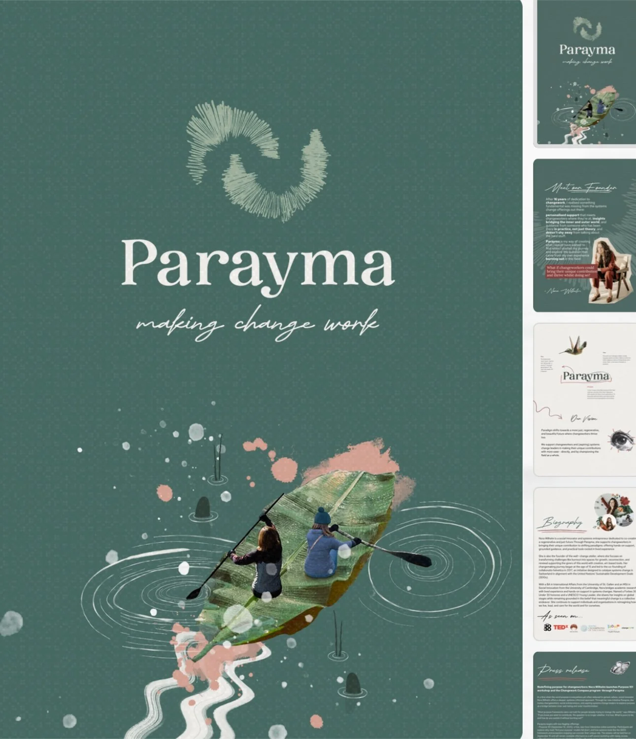 Digital poster for Parayma with the slogan 'making change work', featuring a teal background, a graphic of a feather and a leaf with two people paddling in a pond, and various illustrations and texts related to change and sustainability.