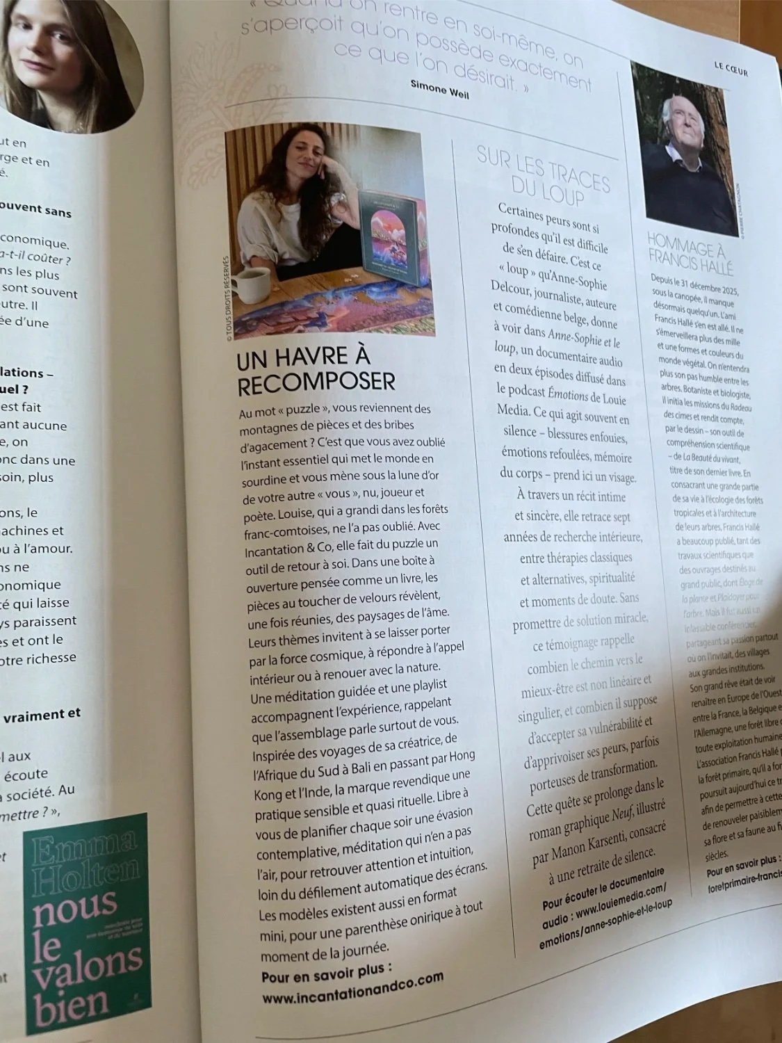 A magazine page with two photographs of women, one on the left and one on the right, along with several columns of French text discussing topics like puzzles, spirituality, and a documentary about wolves. The page includes headings, a quote, and a website URL at the bottom.