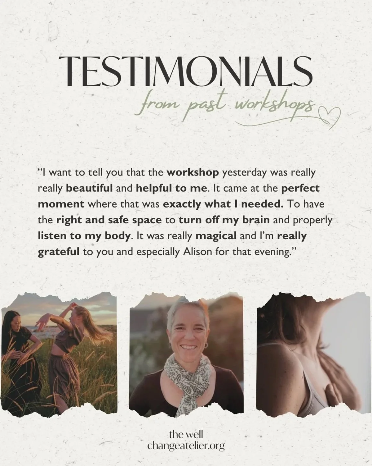 Testimonial poster with three photos of women, written feedback, and the website 'changeatelier.org' at the bottom.