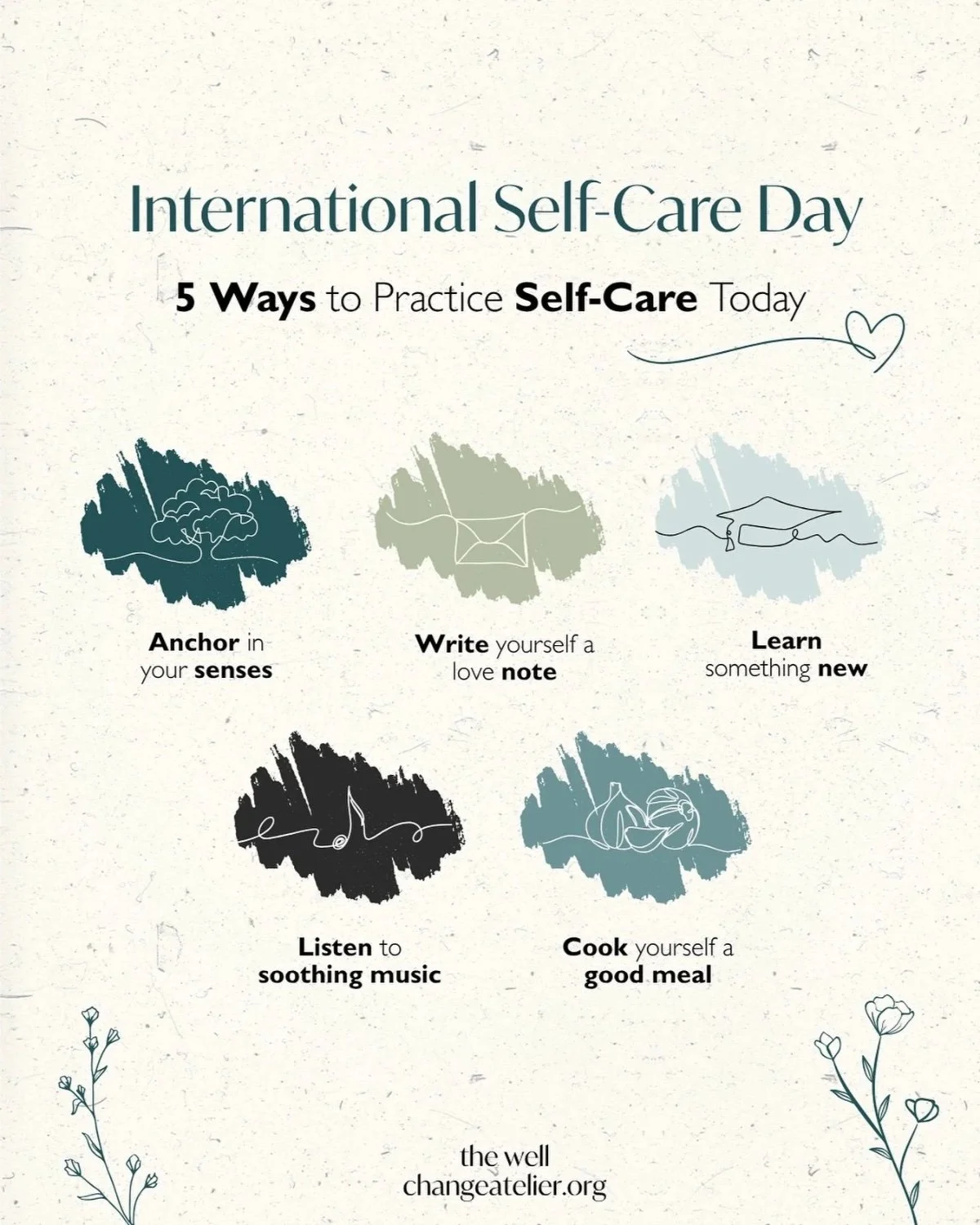 An infographic celebrating International Self-Care Day with five ways to practice self-care: 1. Anchor in your senses with a tree illustration, 2. Write yourself a love note with an envelope illustration, 3. Learn something new with a person reading, 4. Listen to soothing music with a musical note, 5. Cook yourself a good meal with a plate of food illustration, and floral decorations at the bottom.