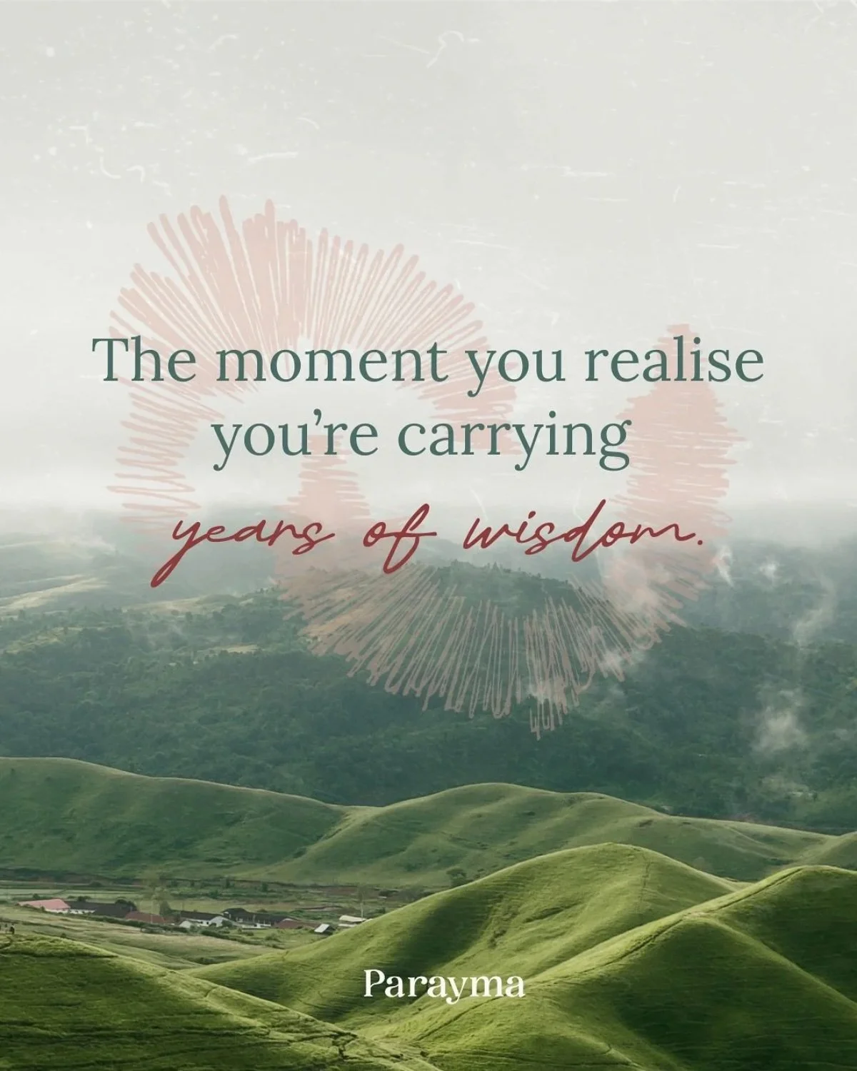 Green rolling hills with a few small houses at the bottom, overlaid with a motivational quote about wisdom, with a soft, vintage style background.