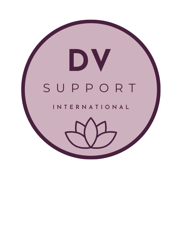 A circular logo with a purple background, displaying the text 'DV Support International' with a lotus flower graphic at the bottom.