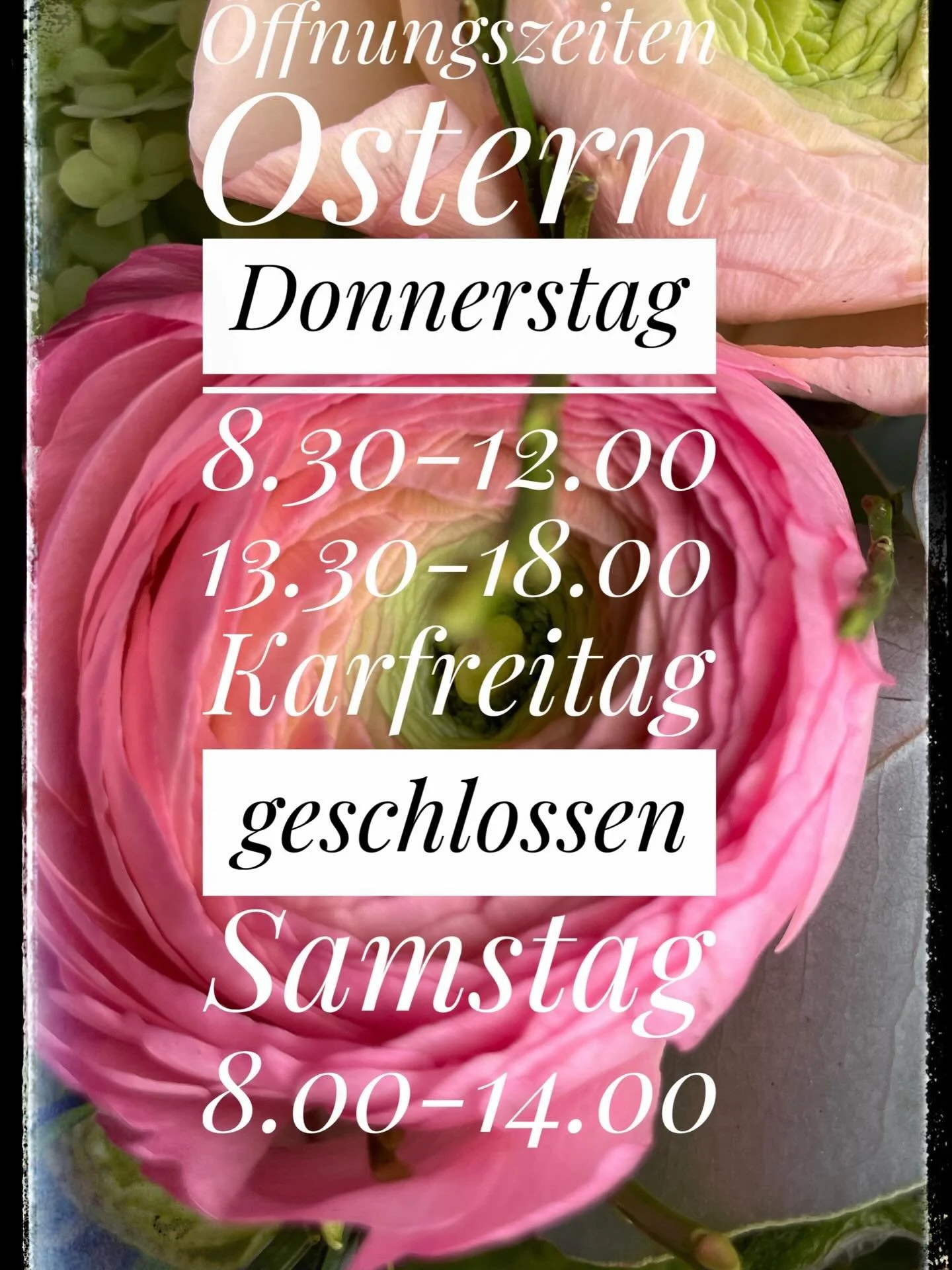 &Ouml;ffnungszeiten Ostern
Donnerstag 8.00-12.00 13.30-18.00
Karfreitag geschlossen
Ostersamstag 8.00-14.00