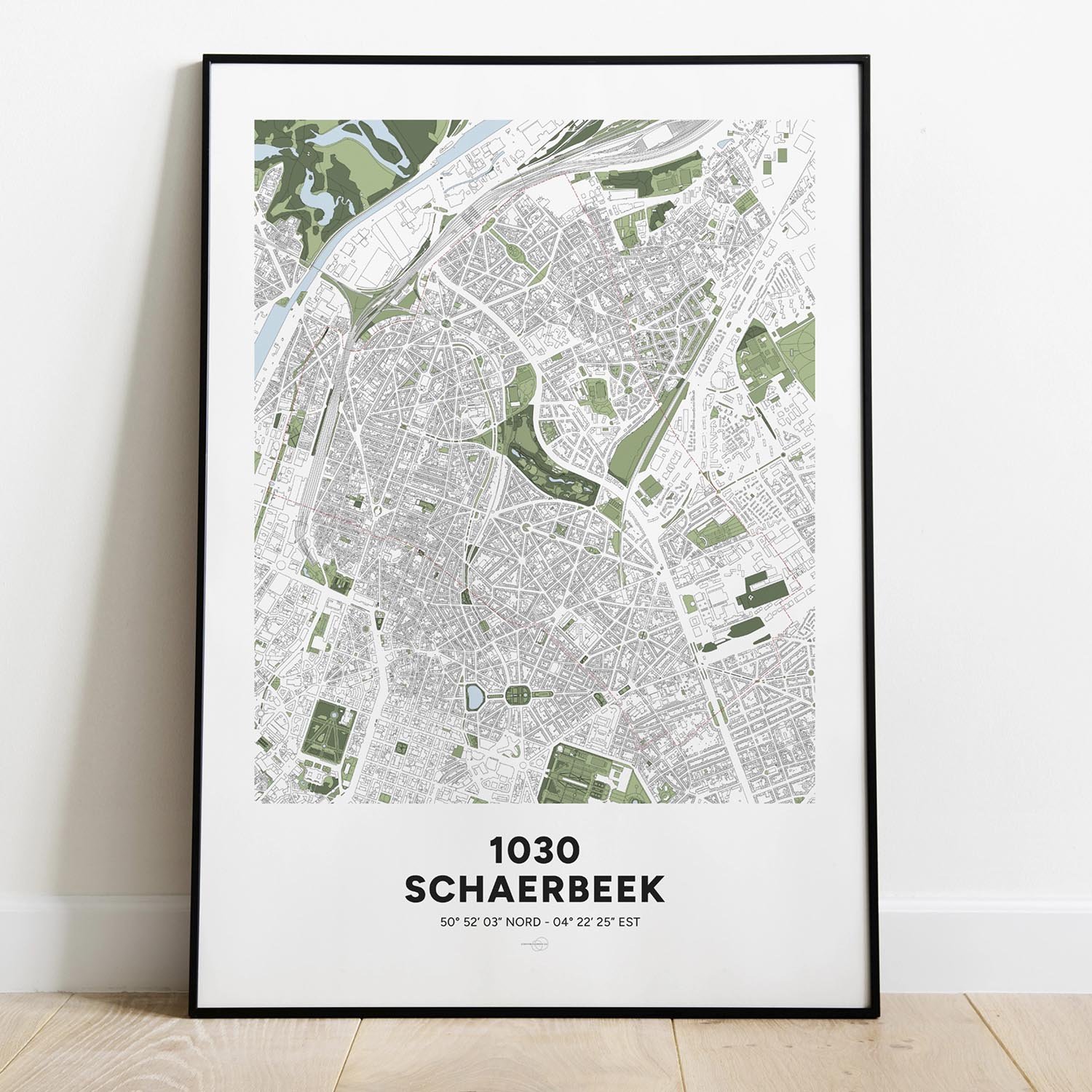 Poster décoratif encadré avec la carte de la commune de Schaerbeek, à Bruxelles.