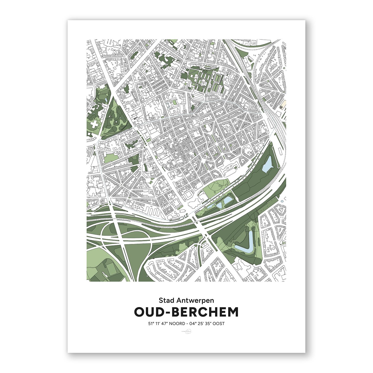 Decoratieve Poster met een plattegrond van de wijk Oud-Berchem in stad Antwerpen.
