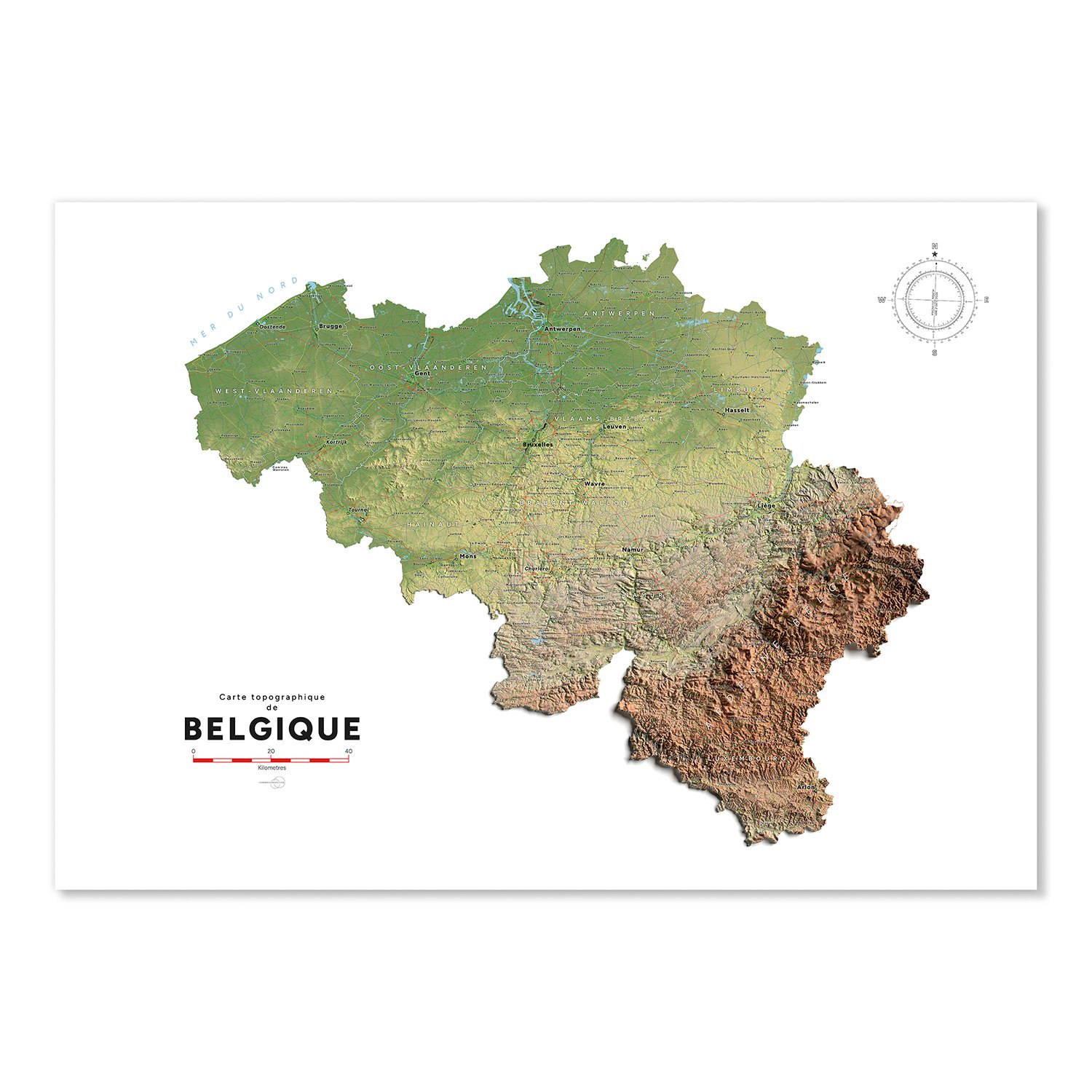 Poster avec la carte 3D de Belgique avec ses infrastructures.