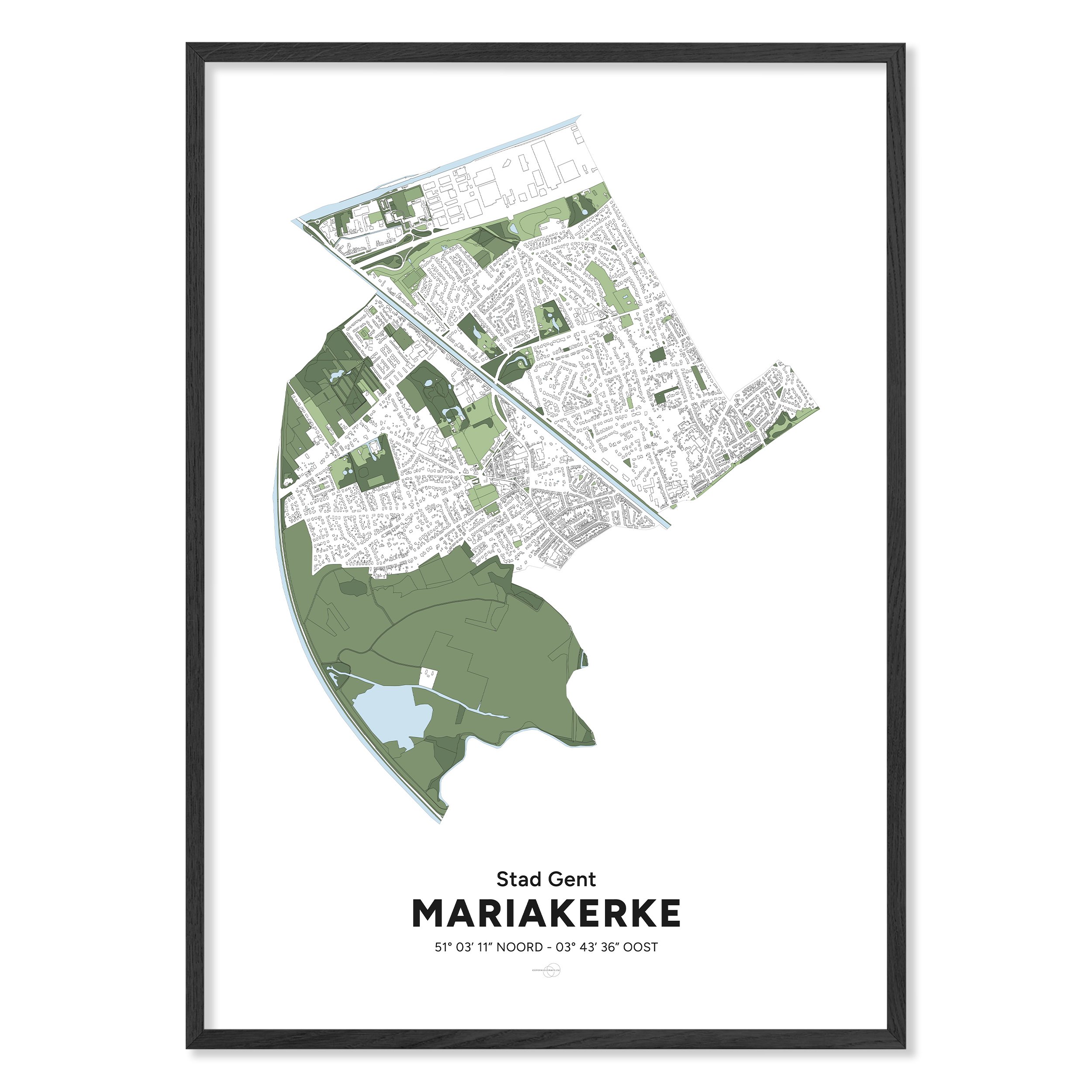Poster met ingelijste kaart van Mariakerke in Gent.