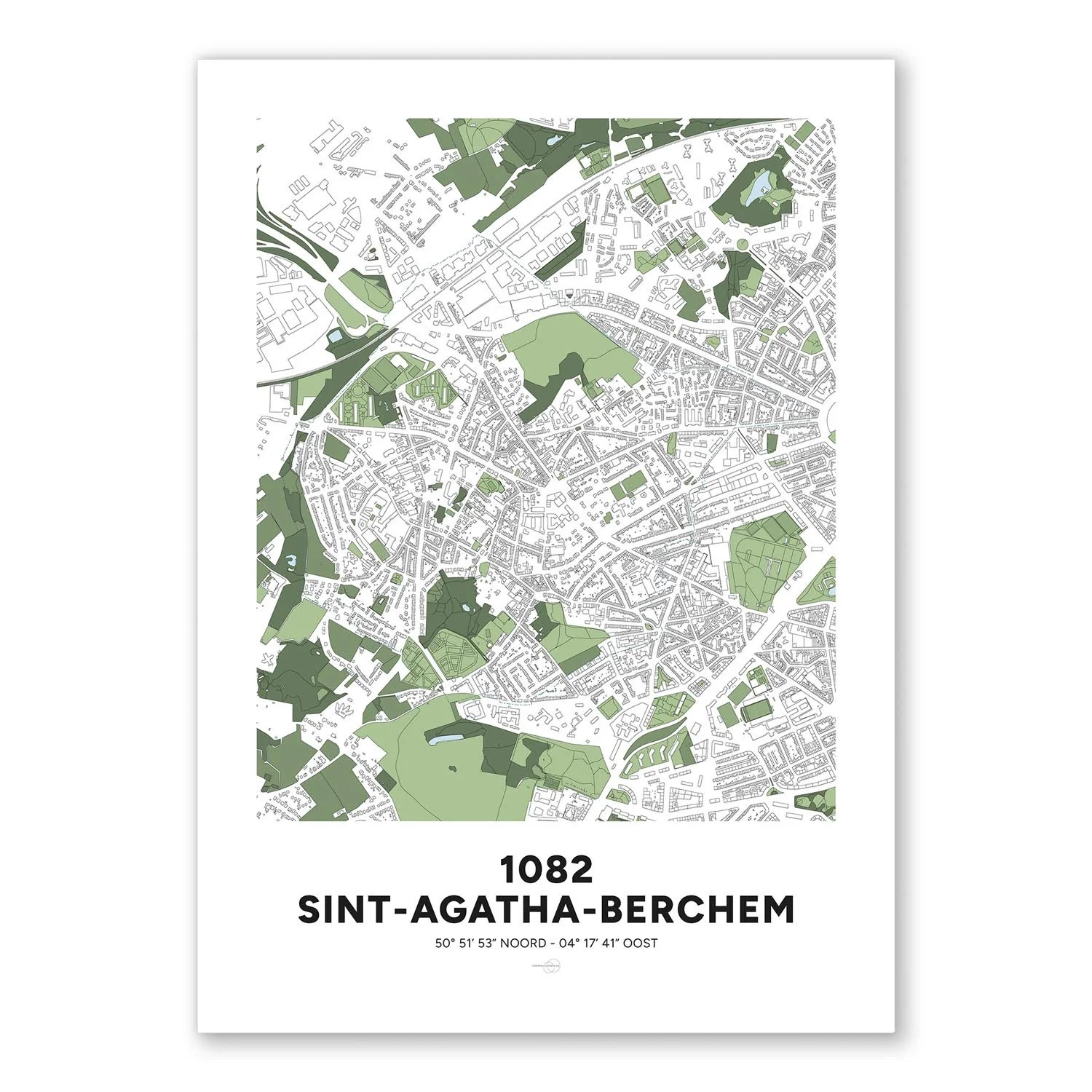 Poster décoratif avec la carte de la commune de Berchem-Sainte-Agathe, à Bruxelles.
