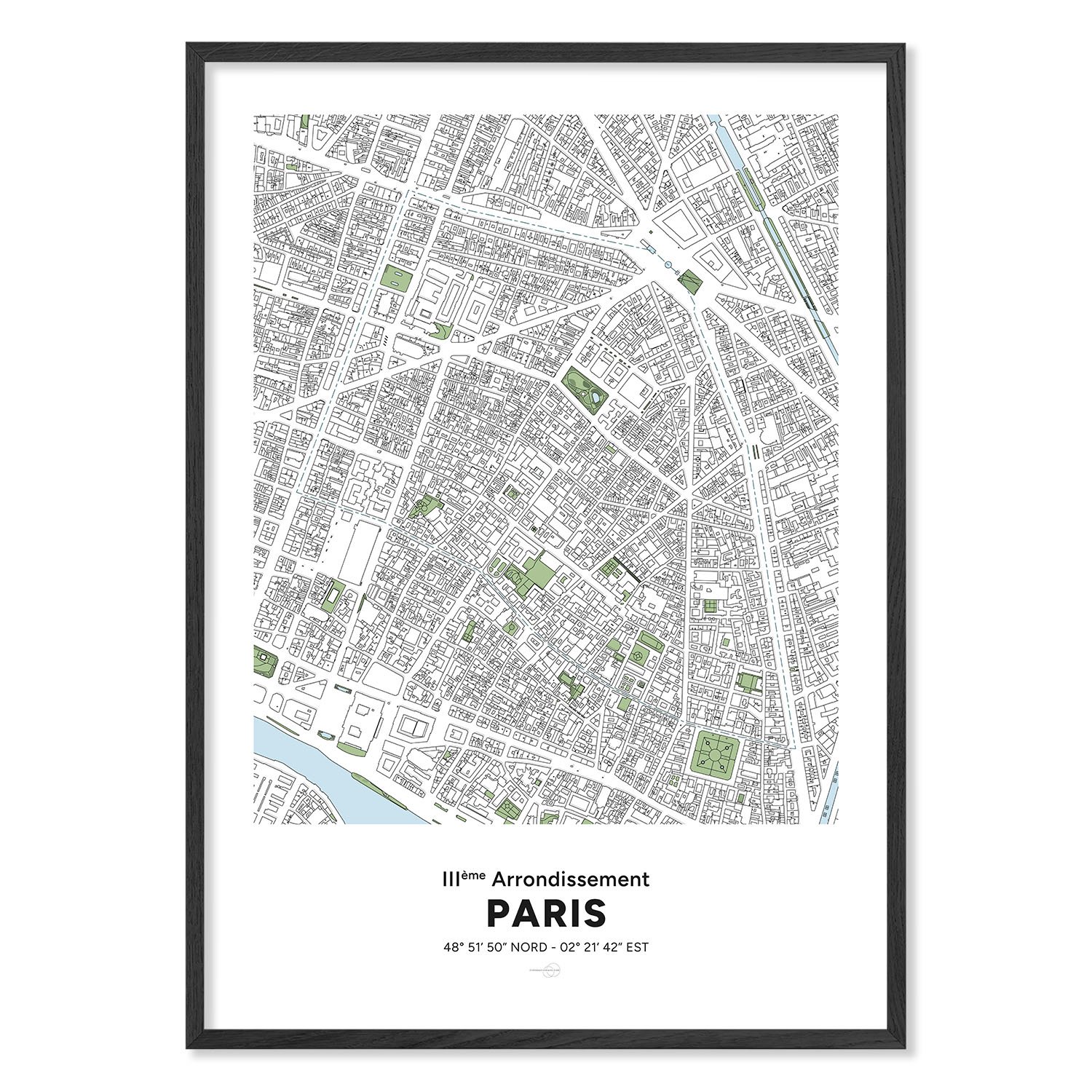 Poster avec la carte du 3ème arrondissement de la ville de paris en France, encadré.
