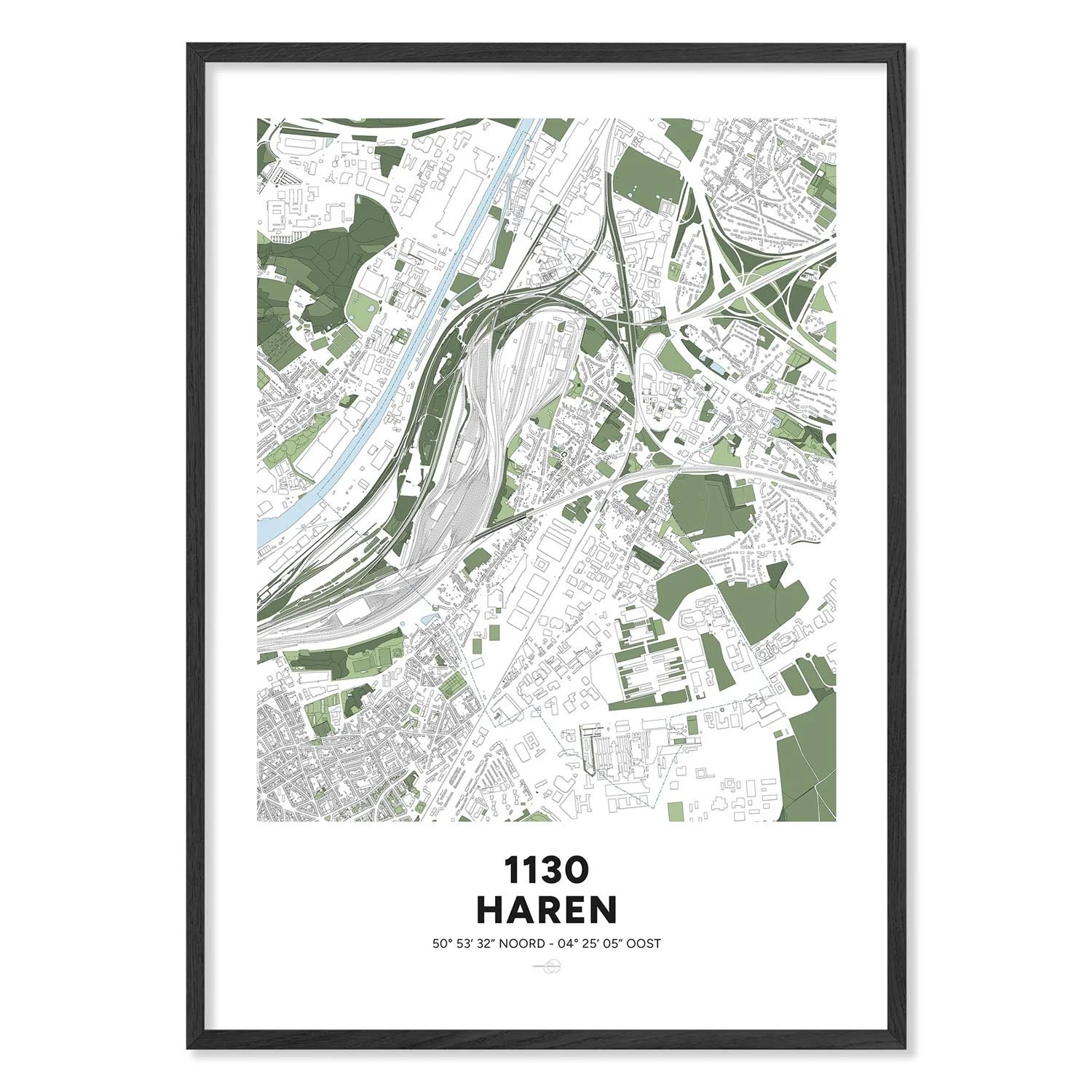 Poster décoratif encadré avec la carte de la commune de Haren, à Bruxelles.