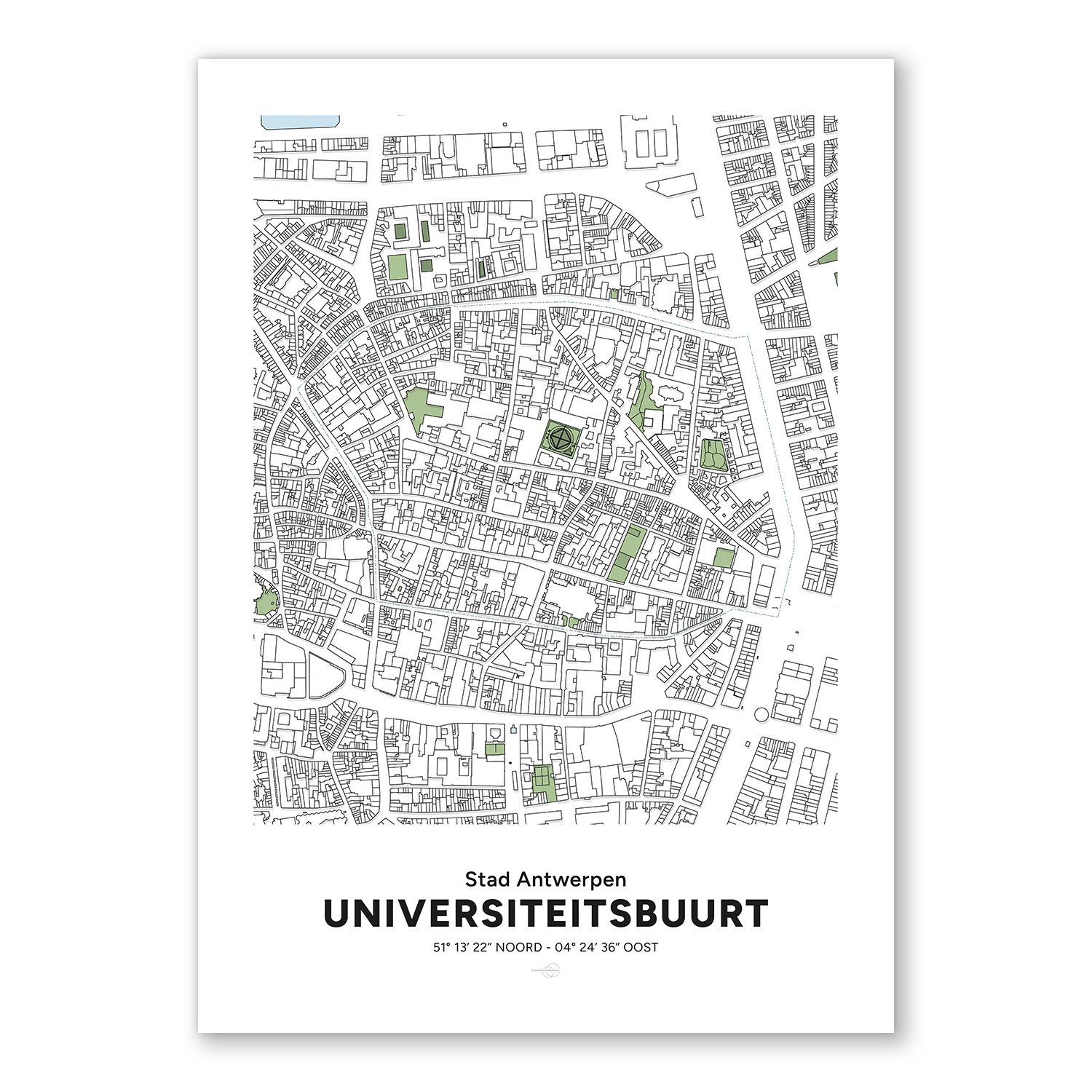 Poster décoratif avec la carte du quartier de Universiteitsbuurt, dans la ville d’Anvers.