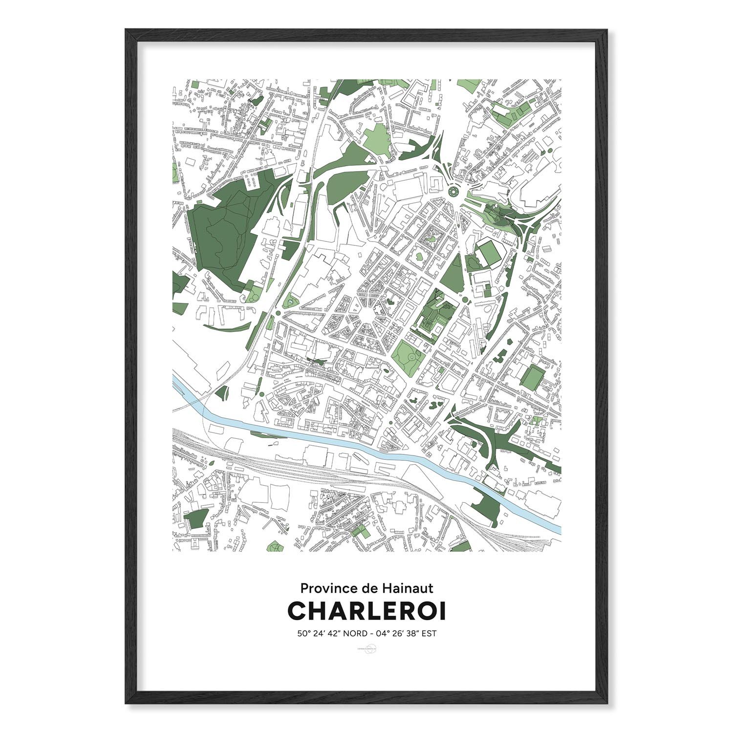 Poster décoratif avec la carte de la ville de Charleroi encadré.