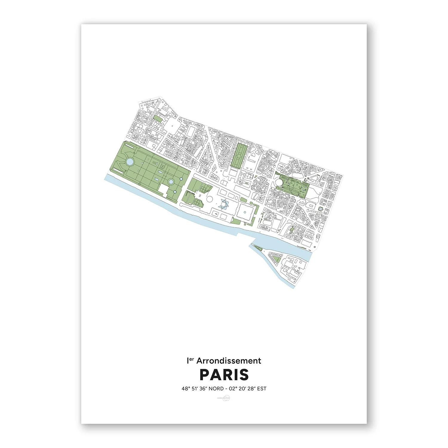 Poster avec la carte du 1er arrondissement de la ville de paris en France.