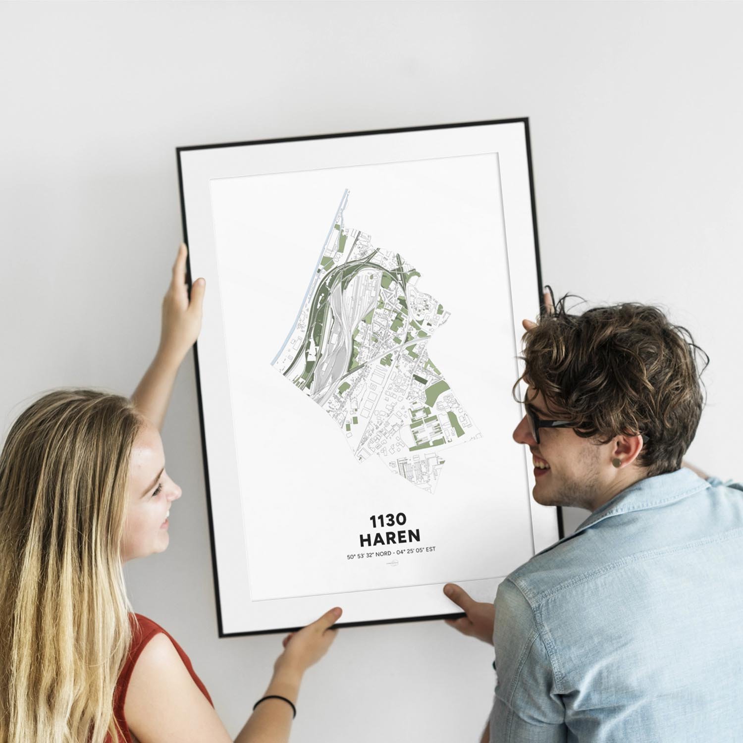 Decoratieve Poster ingelijst met de kaart van de gemeente Haren in Brussel.