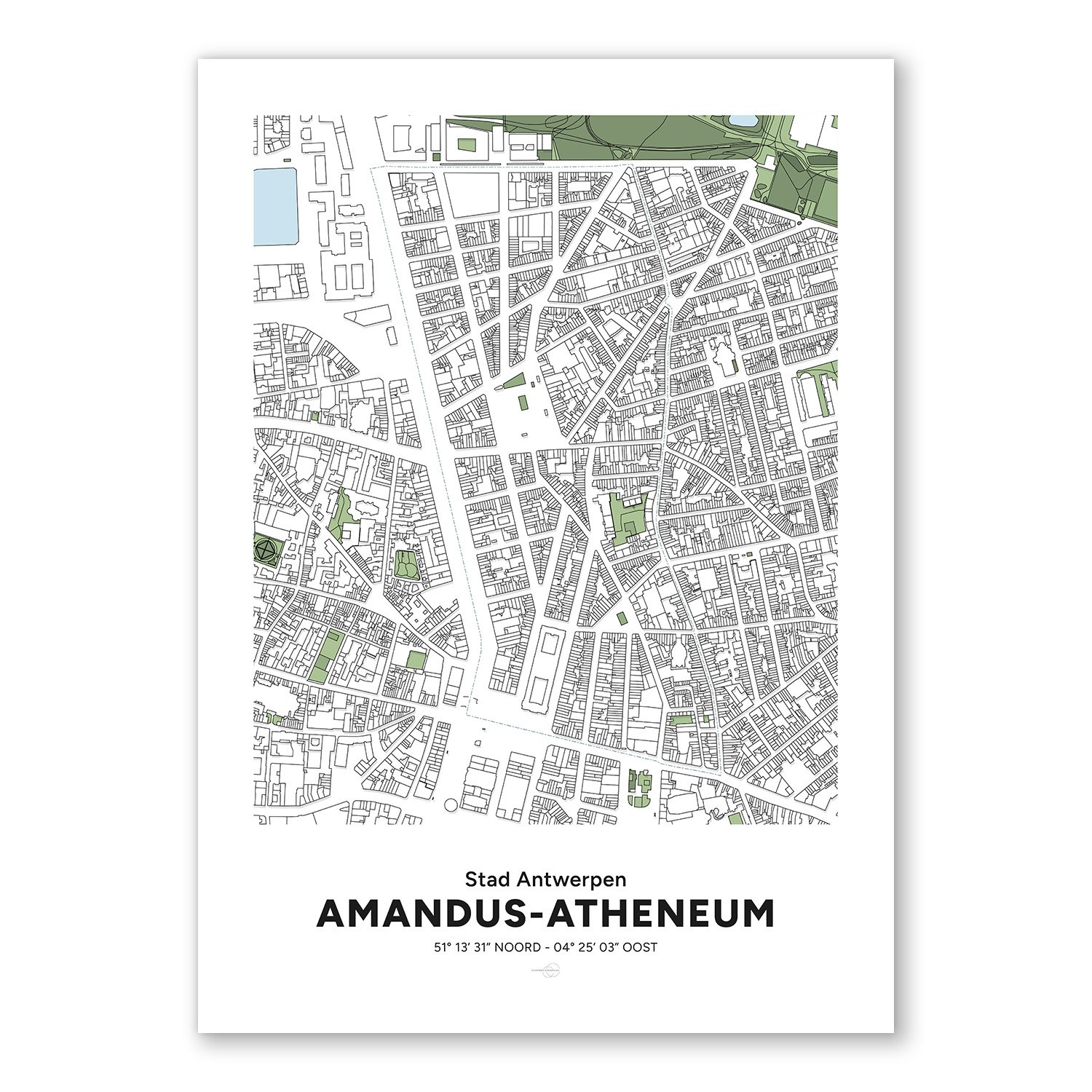 Poster décoratif avec la carte du quartier de Amandus-Atheneum, dans la ville d’Anvers.