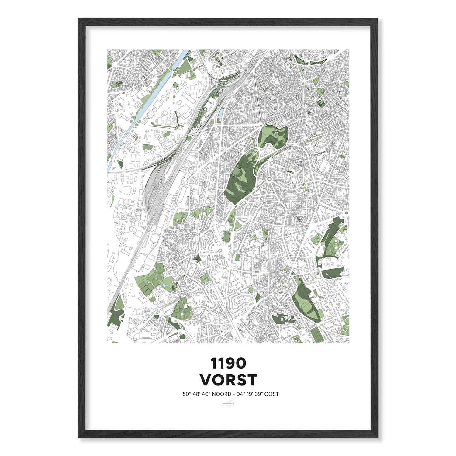 Poster décoratif encadré avec la carte de la commune de Forest, à Bruxelles.