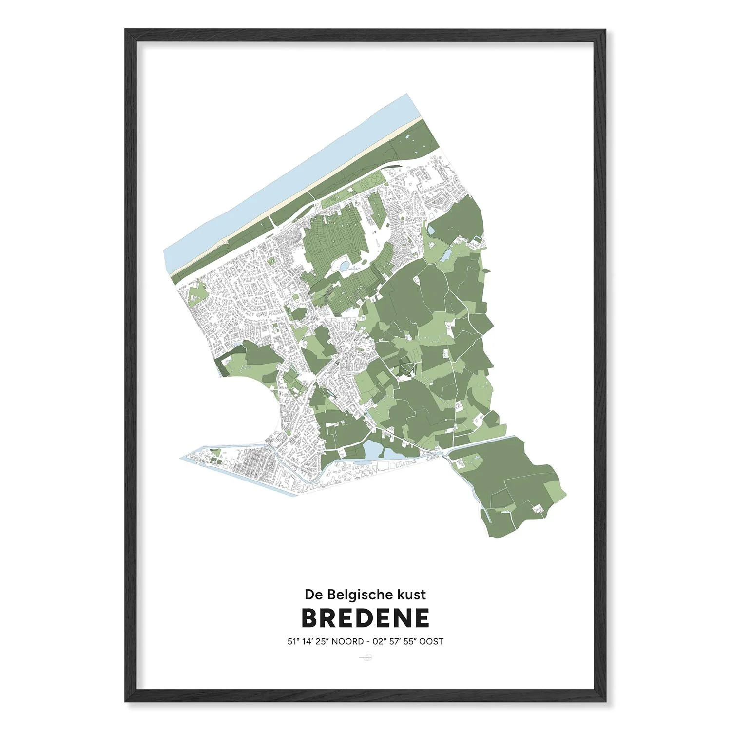 Poster décoratif avec la carte de la ville de Bredene encadré.