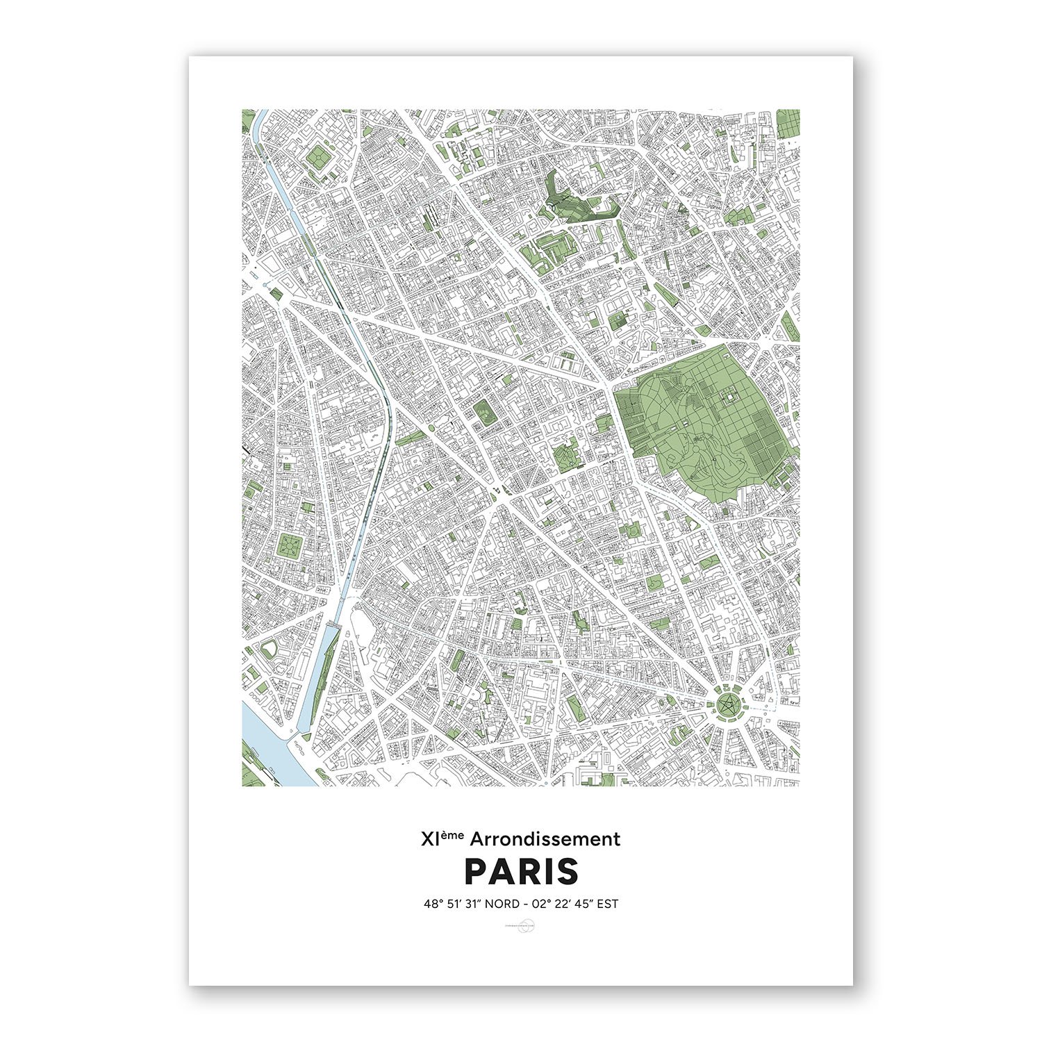 Poster avec la carte du 11ème arrondissement de la ville de paris en France.
