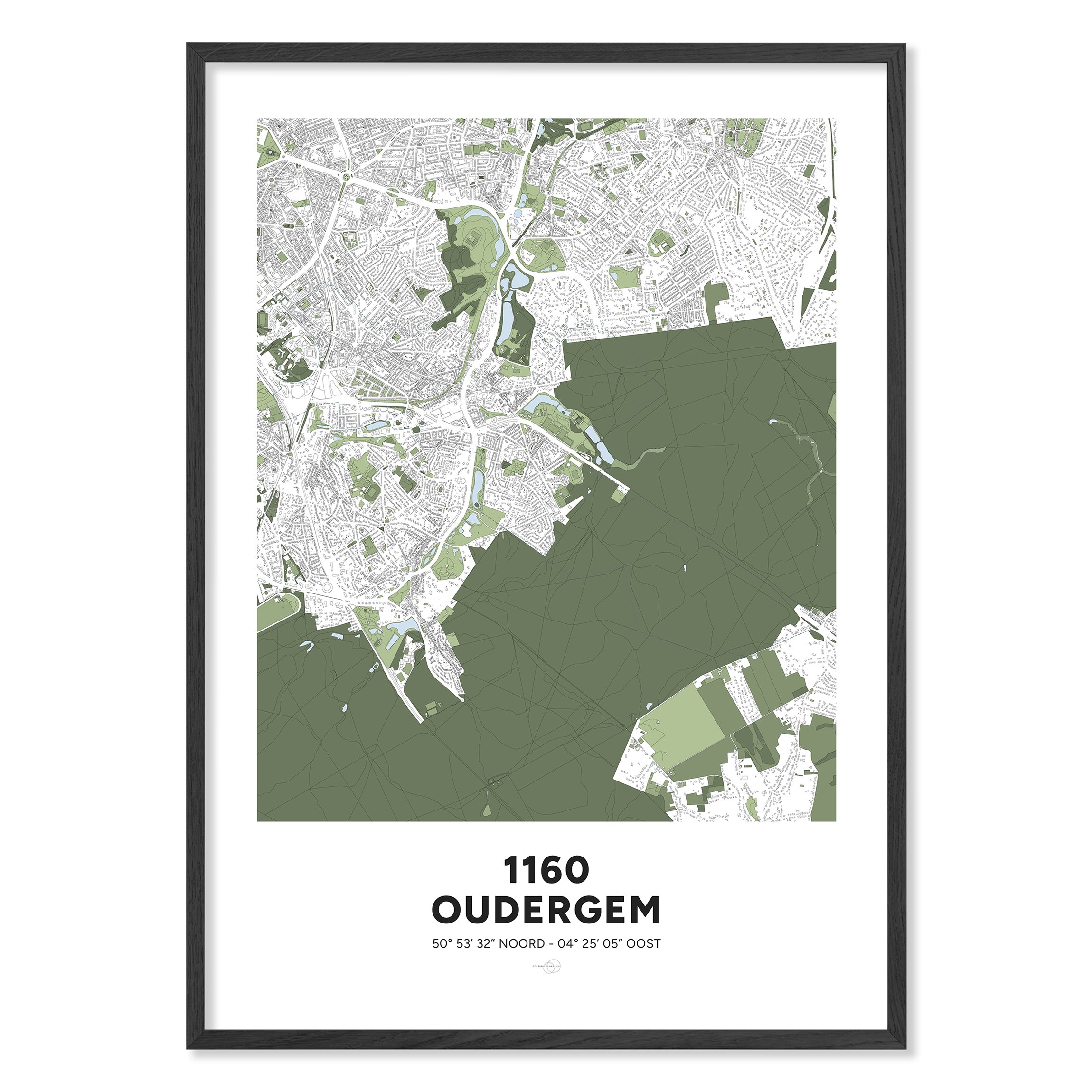 Decoratieve Poster ingelijst met de kaart van de gemeente Oudergem in Brussel.