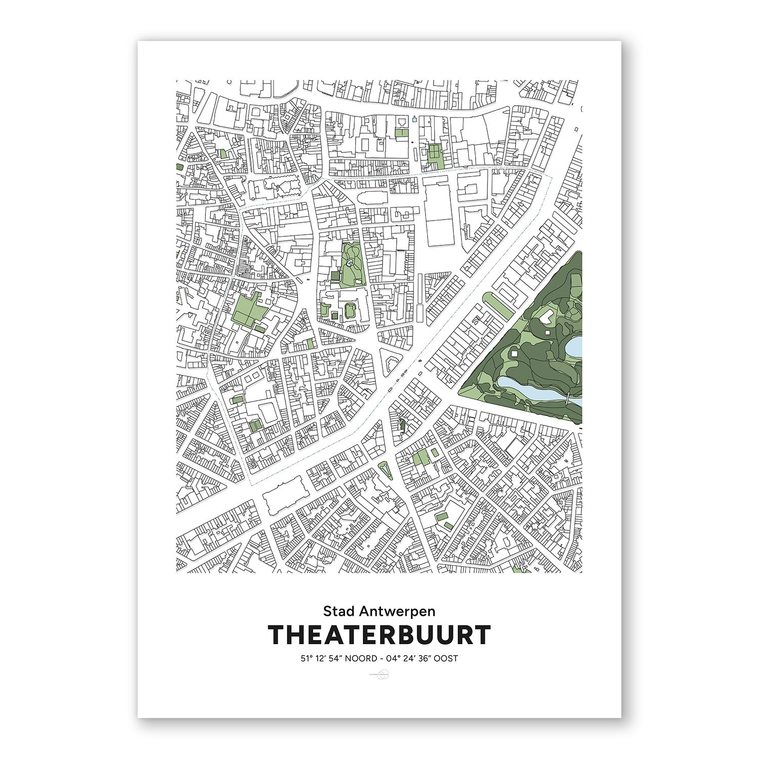 Poster décoratif avec la carte du quartier du Theaterbuurt, dans la ville d’Anvers.