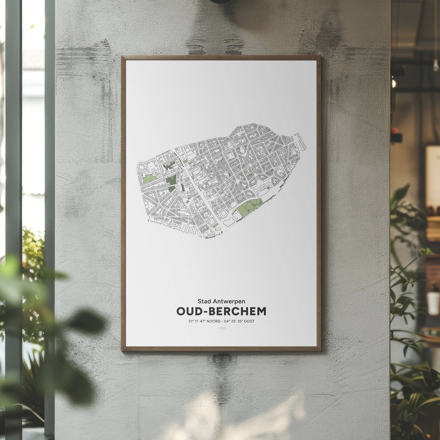 Poster décoratif encadré avec la carte du quartier de Oud-Berchem, dans la ville d’Anvers.
