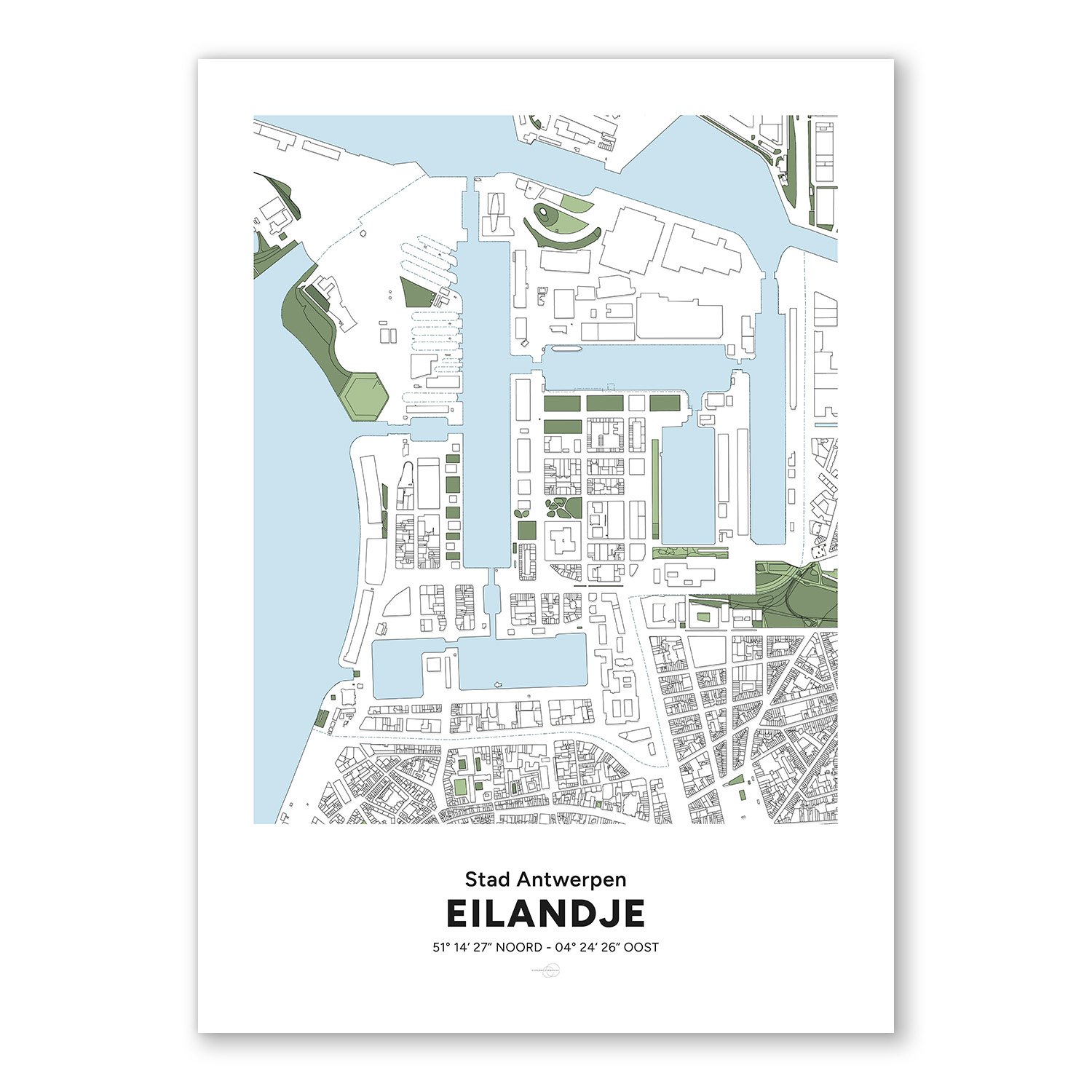 Decoratieve Poster met een plattegrond van de wijk Eilandje in stad Antwerpen.