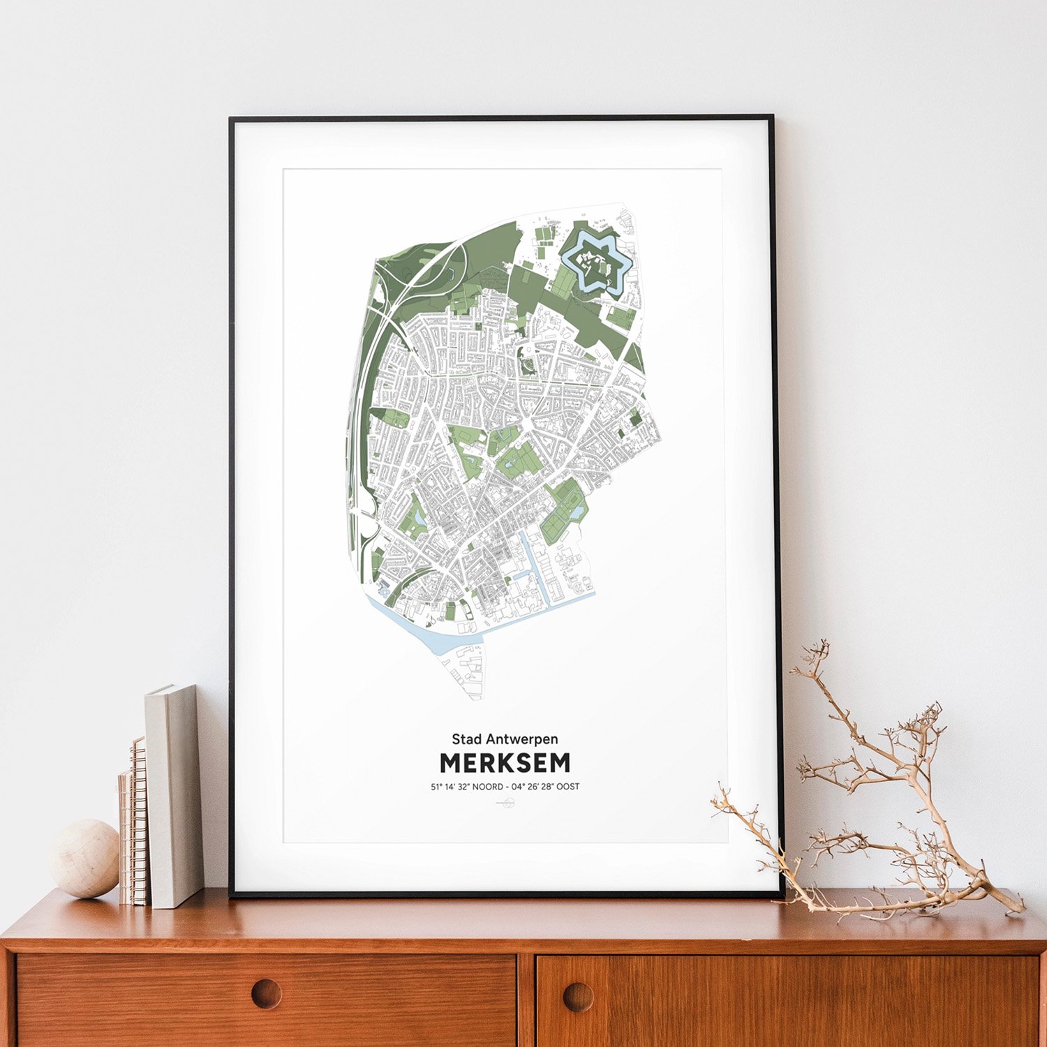 Poster décoratif avec la carte du district de Merksem encadré.
