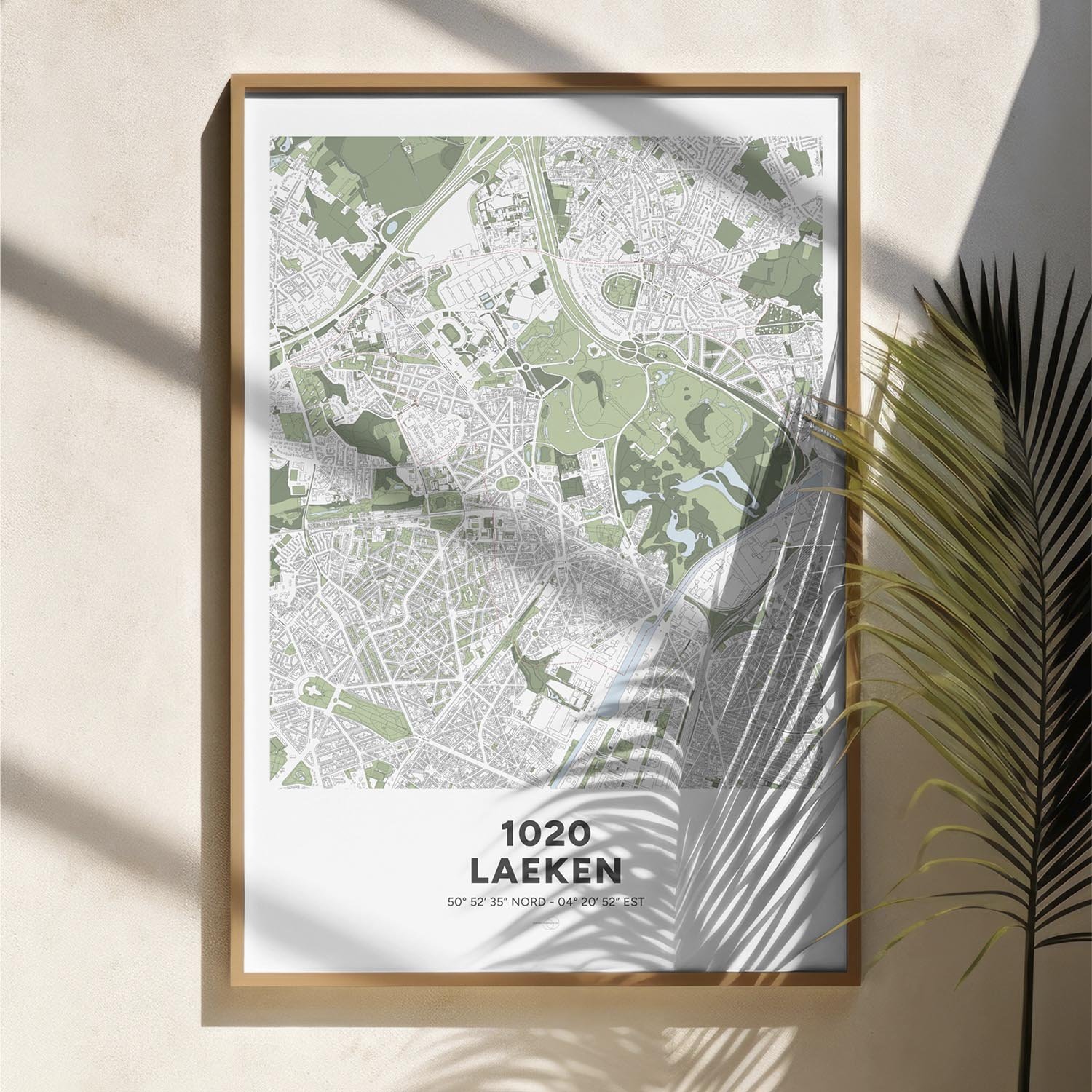Decoratieve Poster ingelijst met een kaart van de gemeente Laken in Brussel.